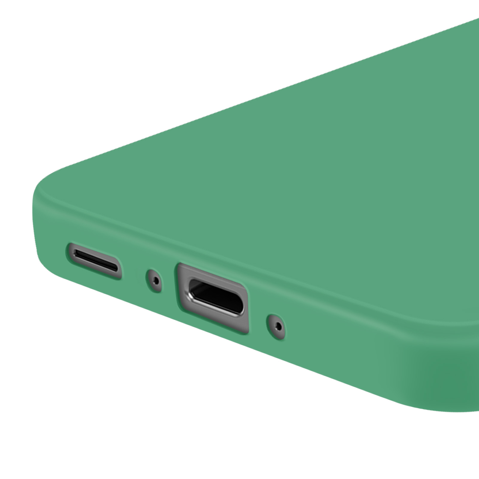 Close-up van de onderkant van een groene telefoon. Toont oplaadpoort en speakergaten.