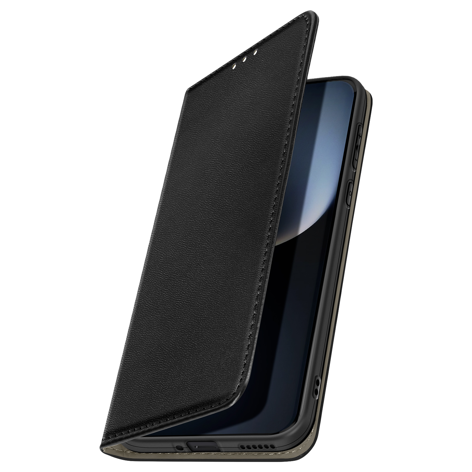 Custodia per telefono in pelle nera con telefono all'interno. La cover è aperta, rivelando lo schermo.