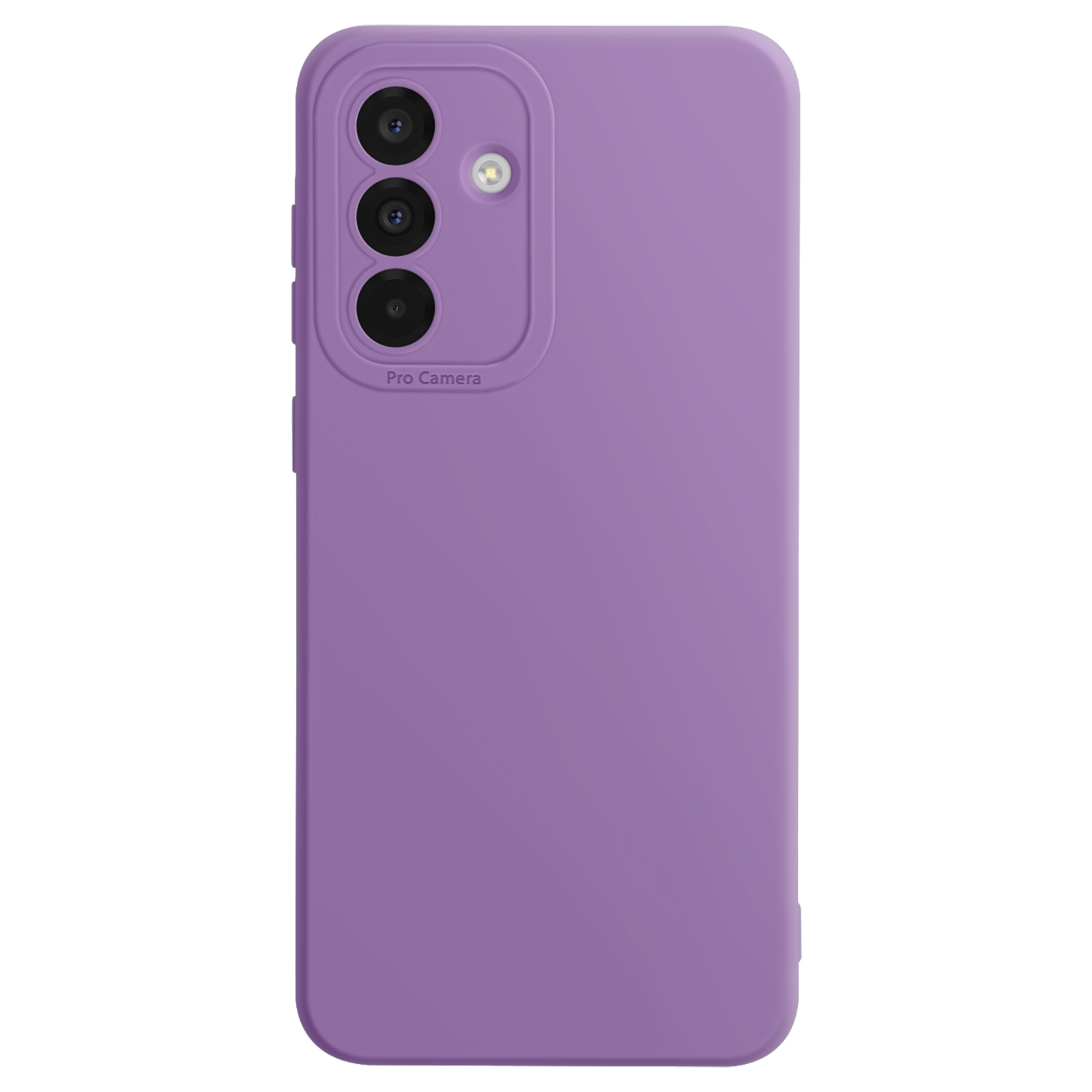 Paarse telefoonhoes met drie cameralenzen en een Pro Camera-opschrift.