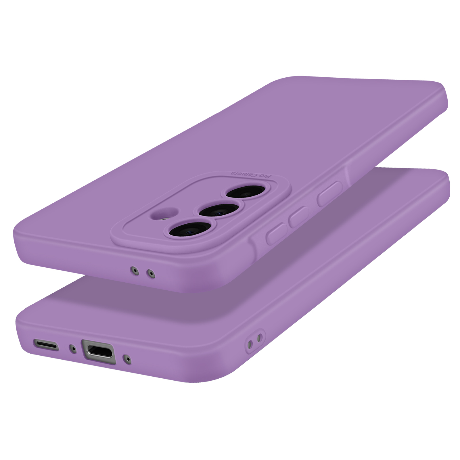 Twee paarse telefoonhoesjes, de ene ligt op de andere. De bovenste hoes heeft de cameraluiken.