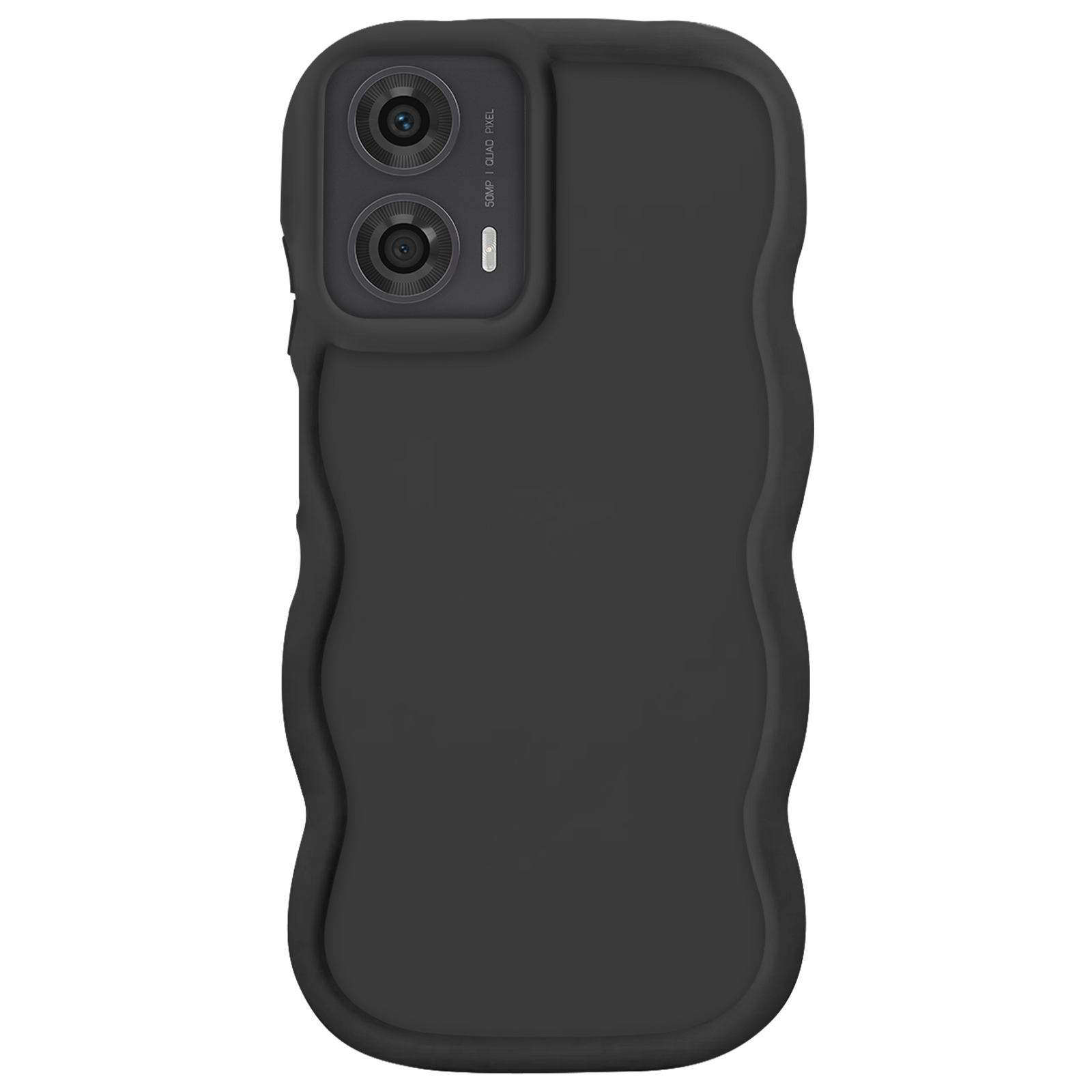 Custodia nera con bordo ondulato, due lenti della fotocamera e testo '50MP Quad Pixel'.
