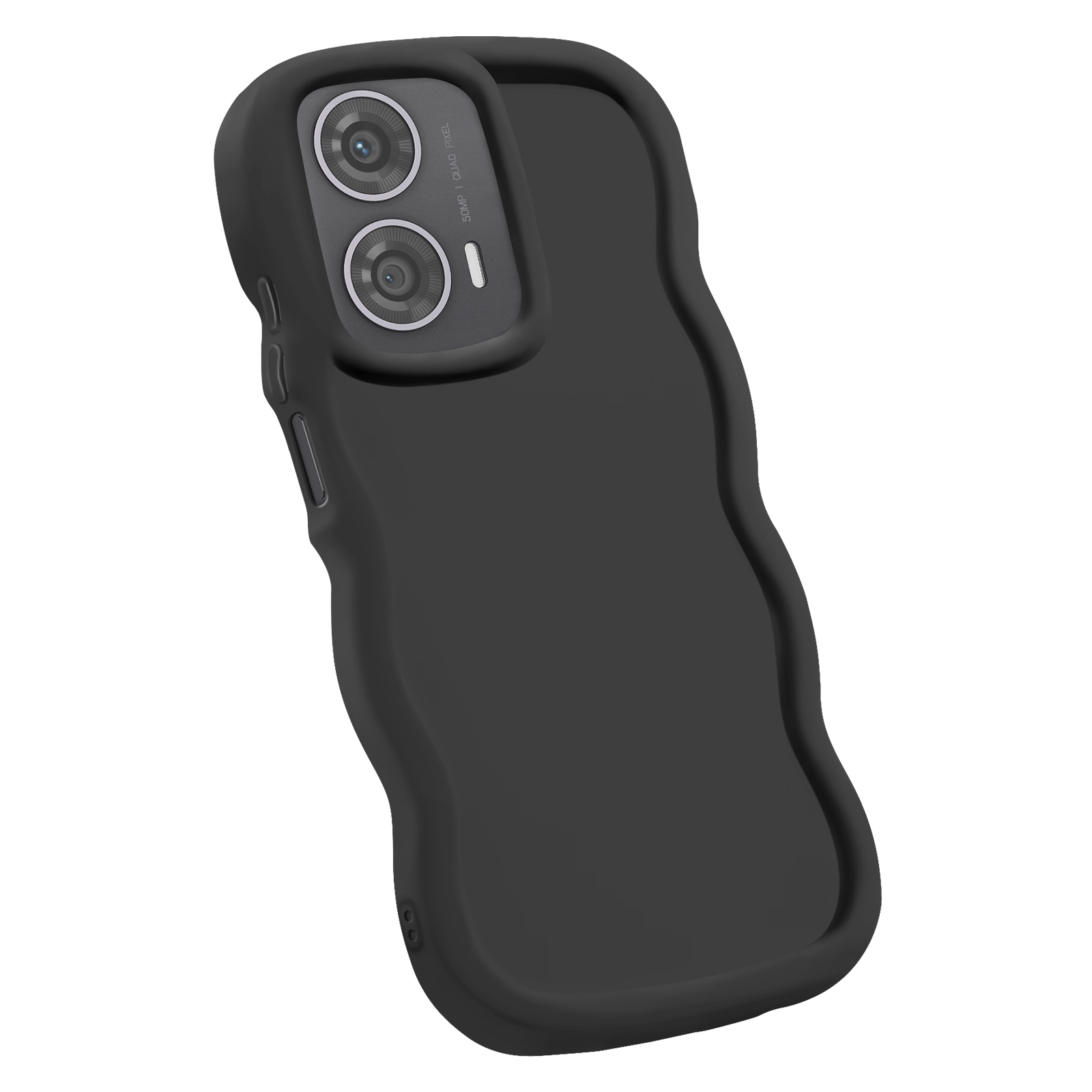 Custodia nera per telefono con dettagli della fotocamera sul retro.