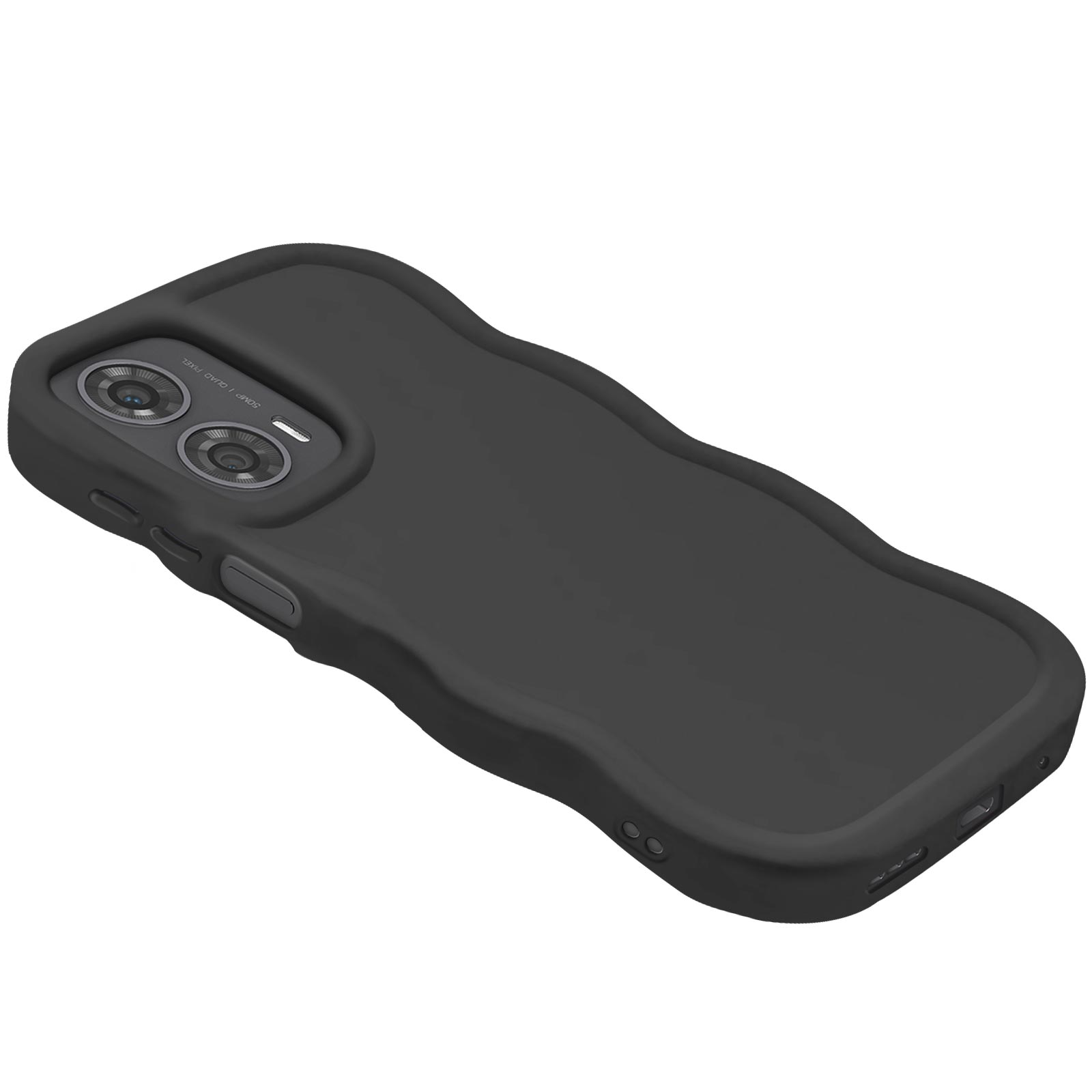 Custodia nera per telefono con un design ondulato, mostra i ritagli della fotocamera.