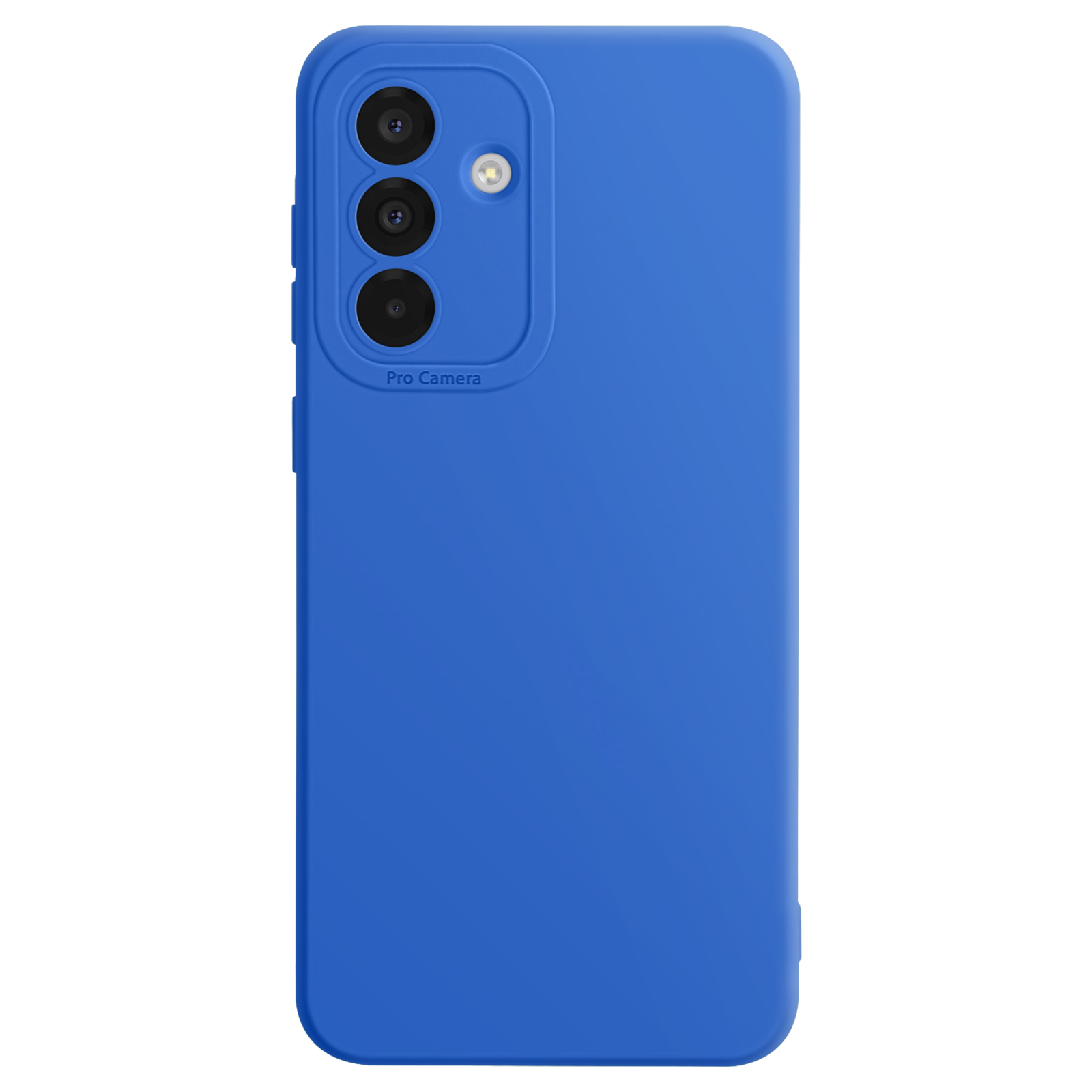 Coque de téléphone bleue. Trois objectifs de caméra et un flash à l'arrière.