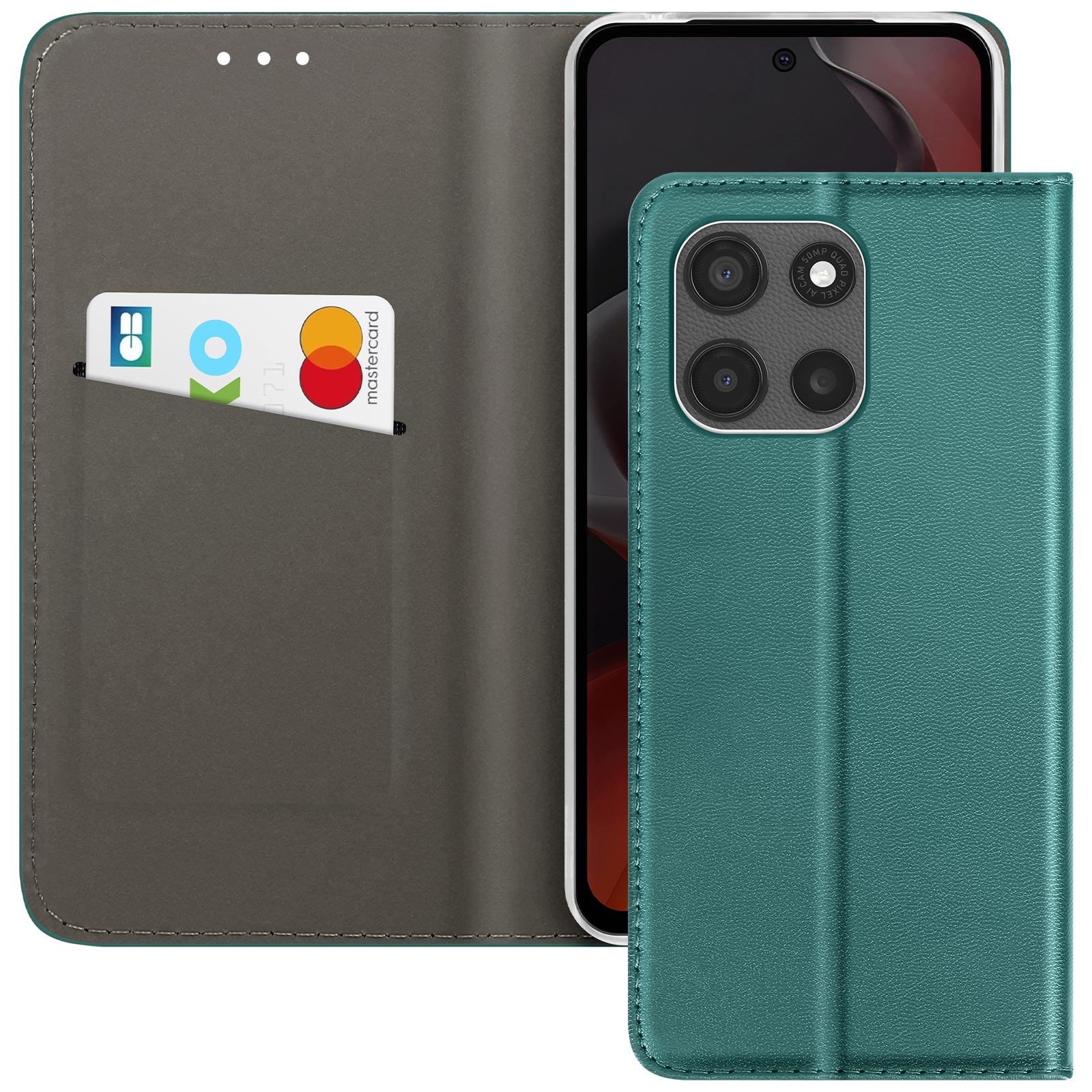 Grüne Handyhülle mit Telefon, Karten und Kamera. Schwarzer Telefonbildschirm sichtbar.