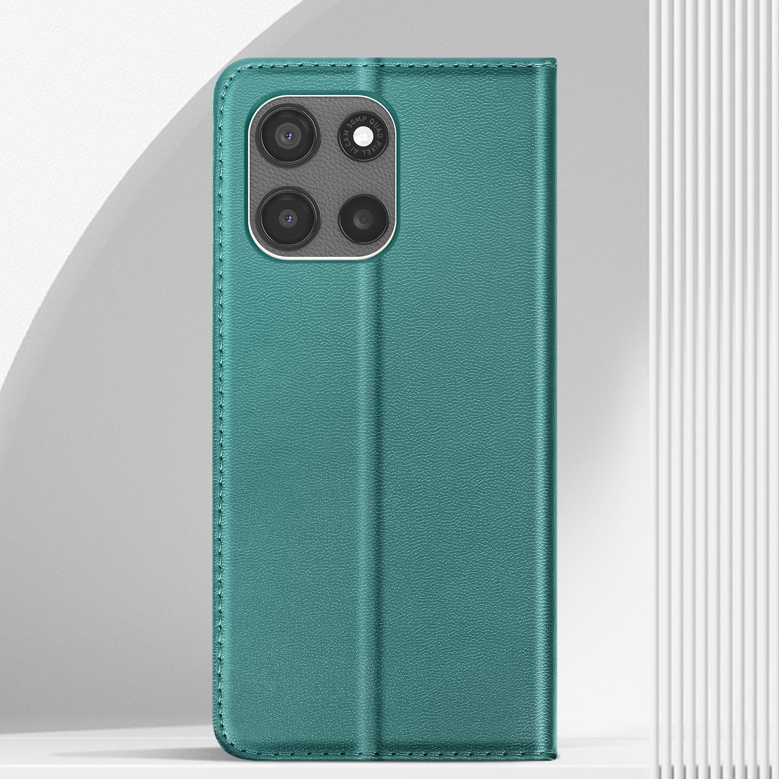 Eine grüne Handyhülle mit Telefon. Die Hülle hat die Kamera sichtbar.