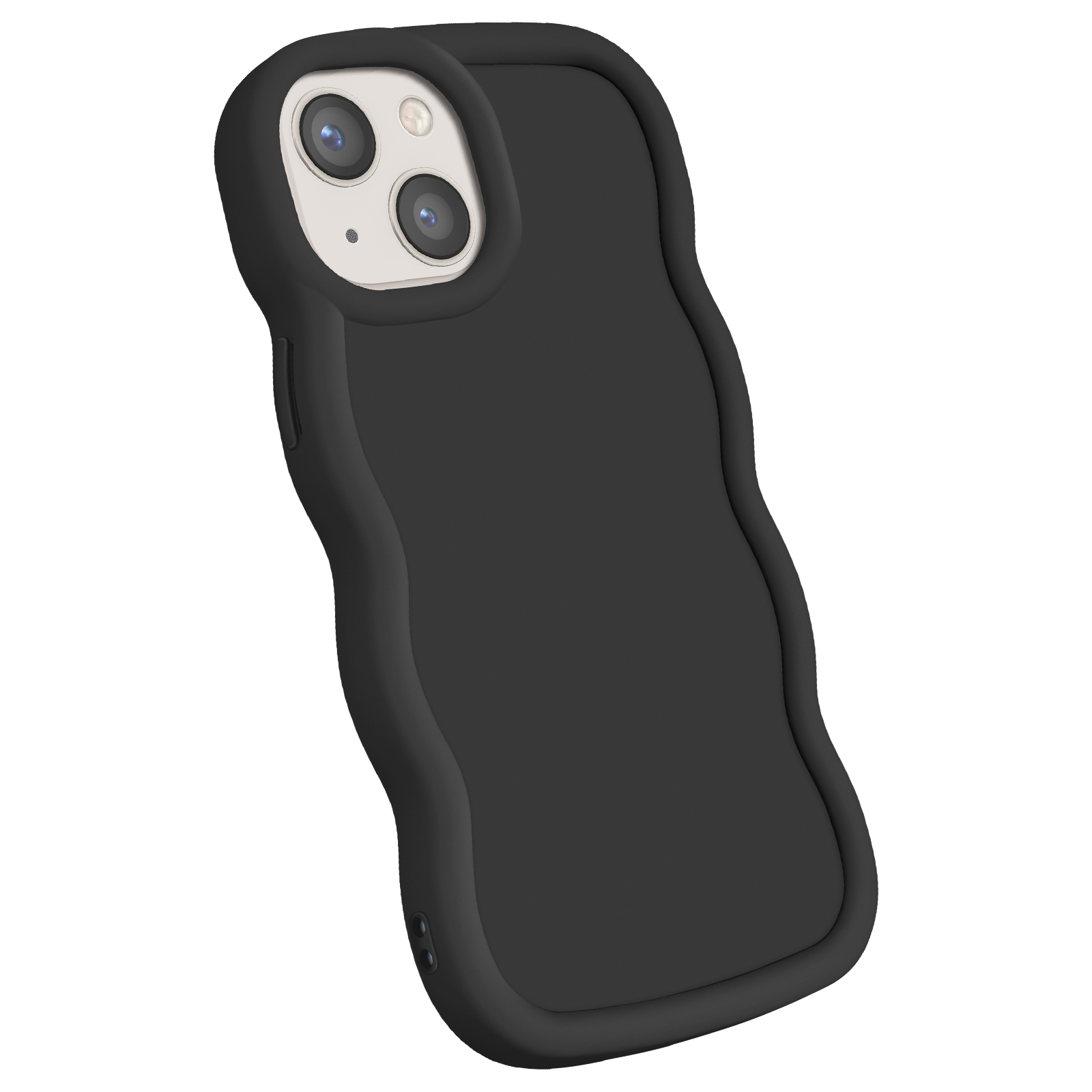 Custodia per telefono nera a forma di onda. La custodia ha un bordo arrotondato e ondulato.