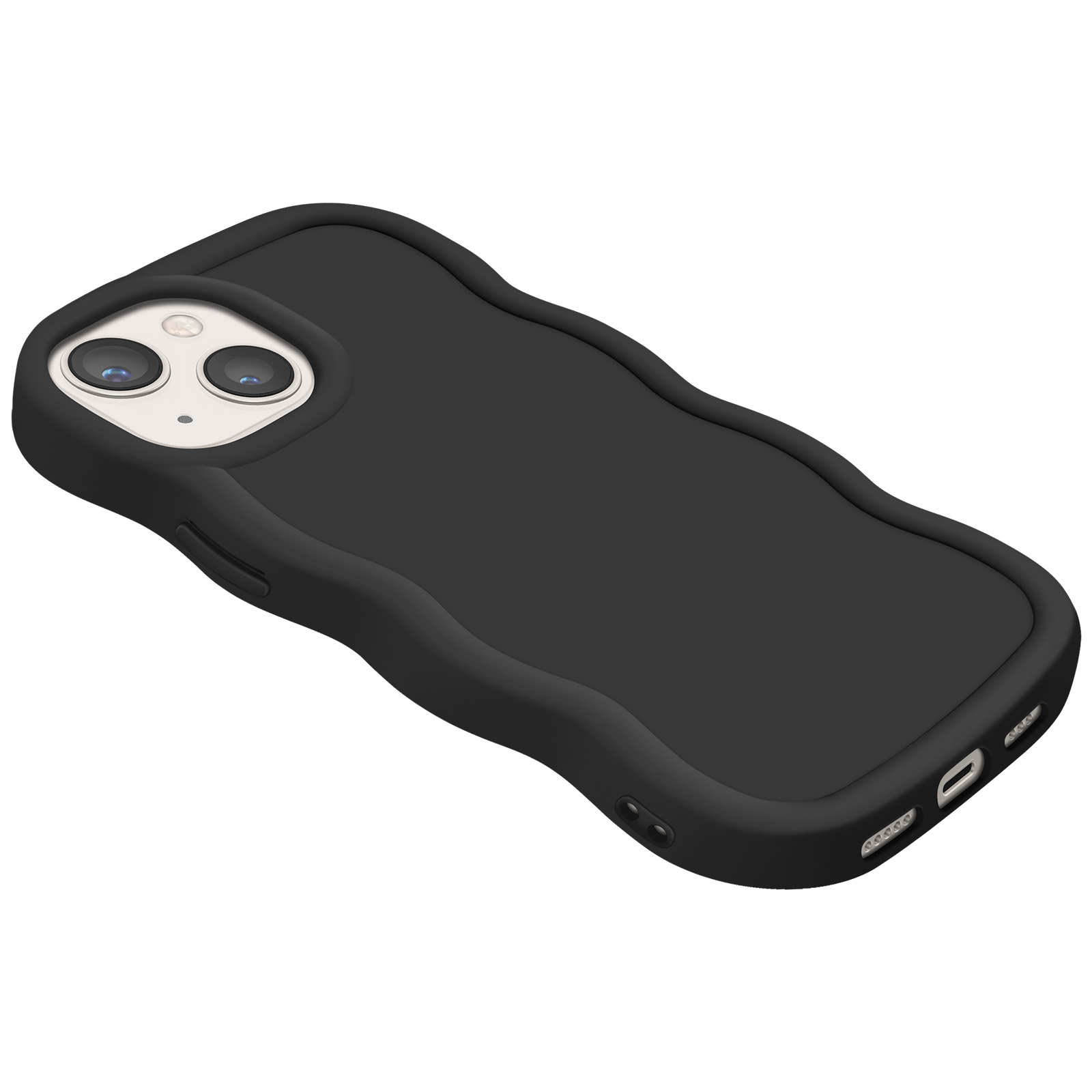 Custodia per telefono nera con bordo ondulato e sporgenza della fotocamera.