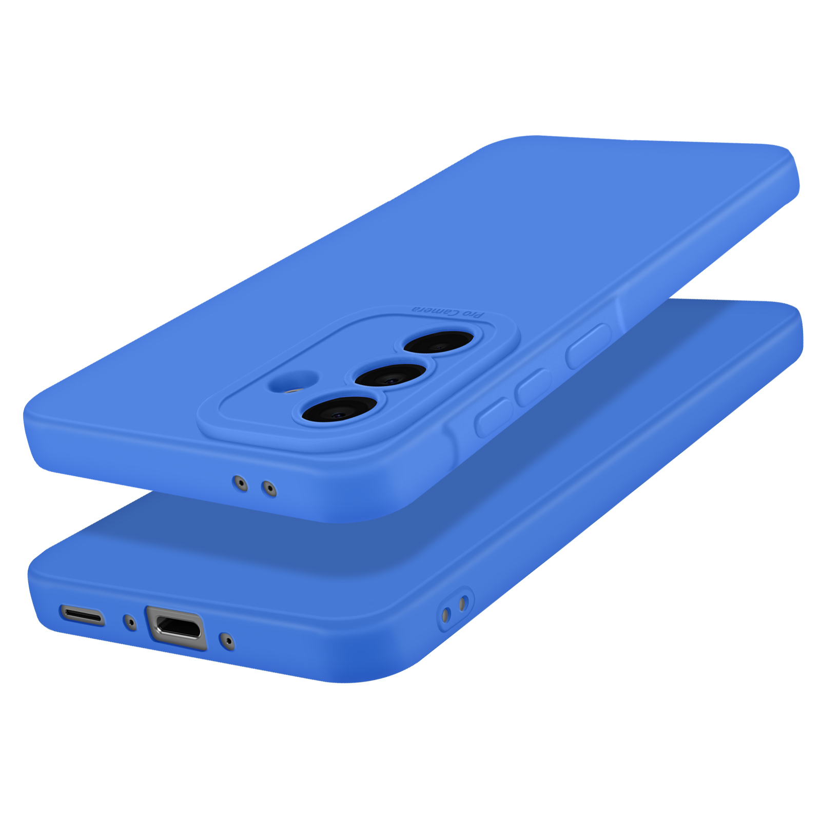 Deux étuis de téléphone bleus, l'un sur l'autre. Les deux montrent des découpes de caméra et des boutons.