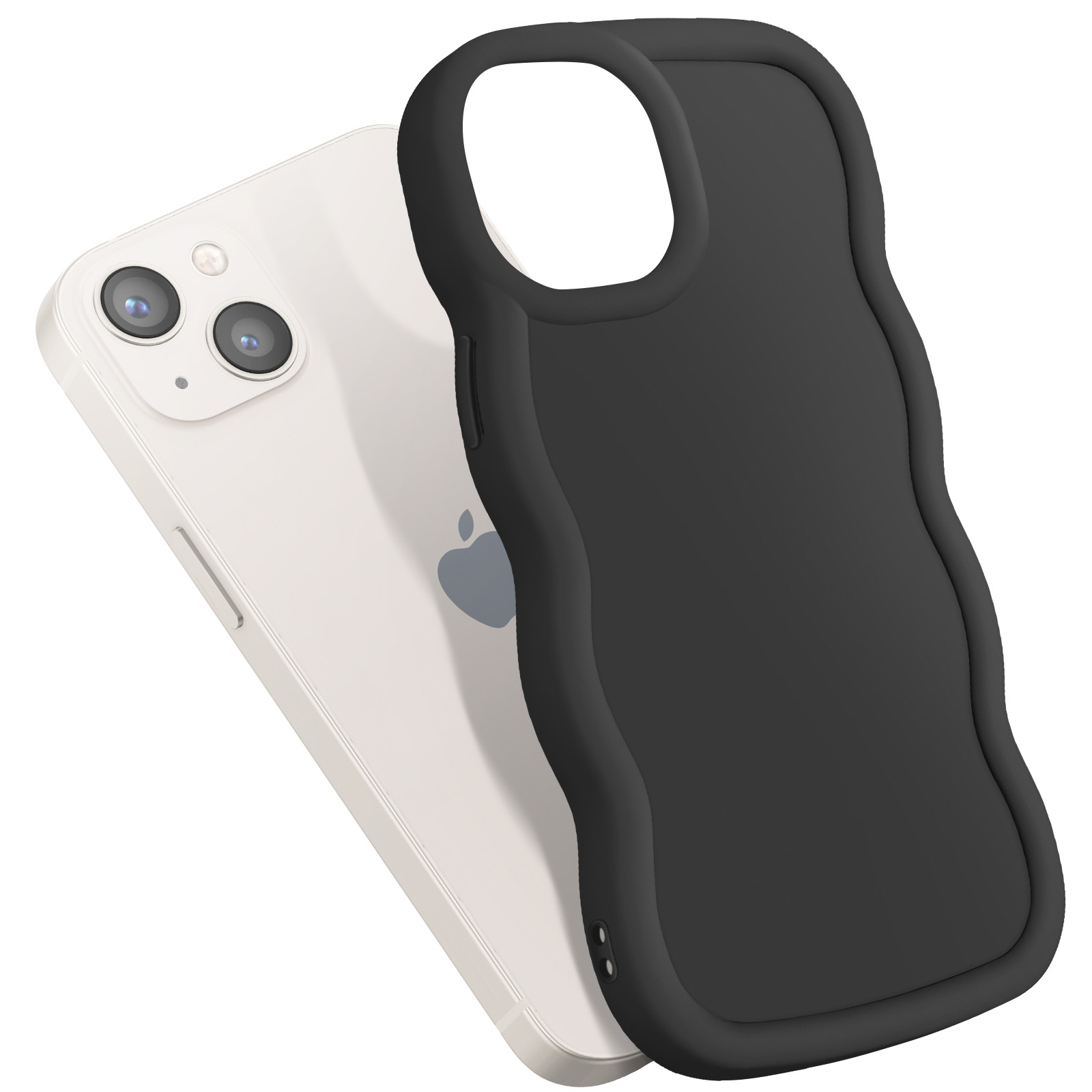 iPhone e custodia nera con bordi ondulati, su una superficie bianca.