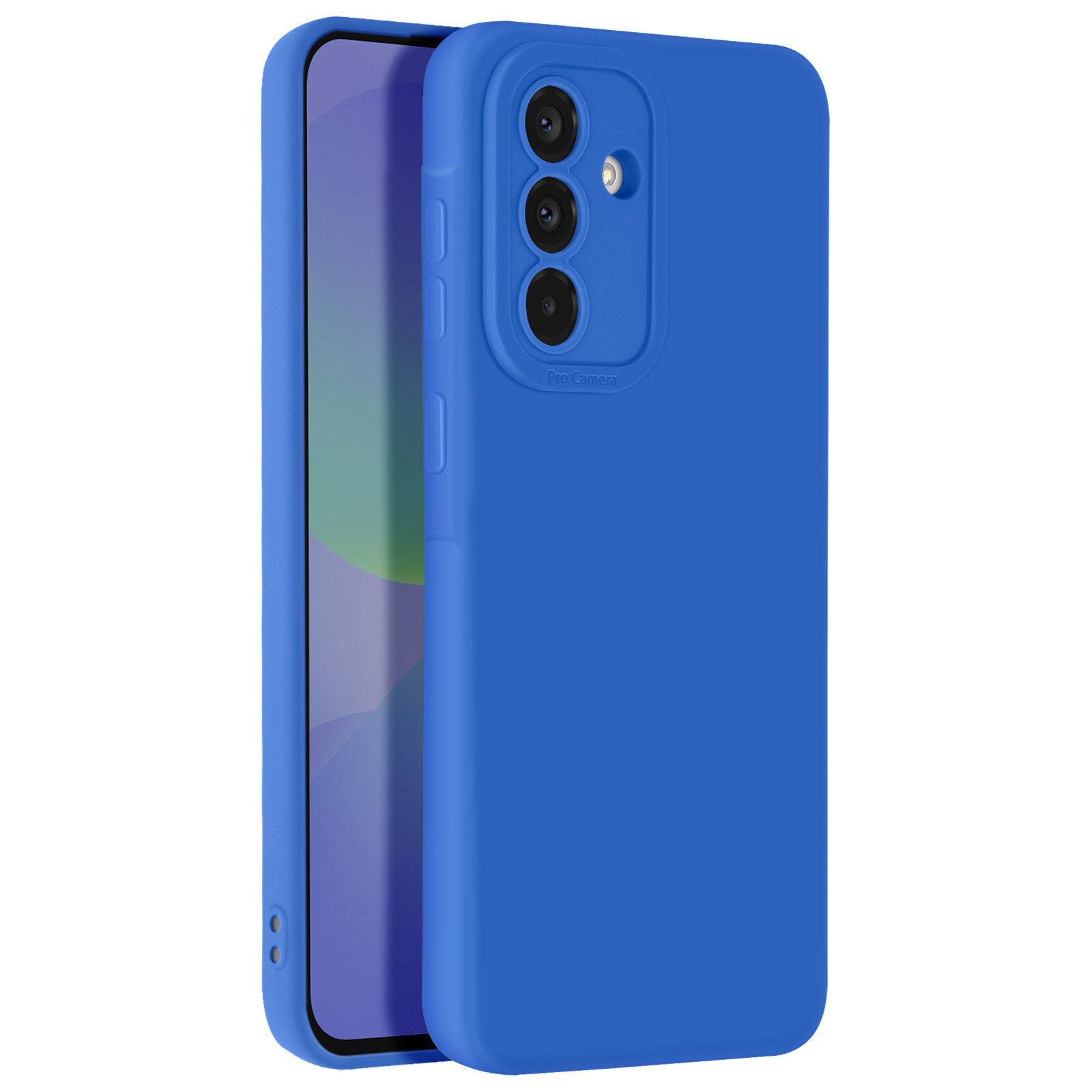 Une coque de téléphone bleue avec trois lentilles d'appareil photo. La coque est de couleur bleue unie et couvre les bords du téléphone.