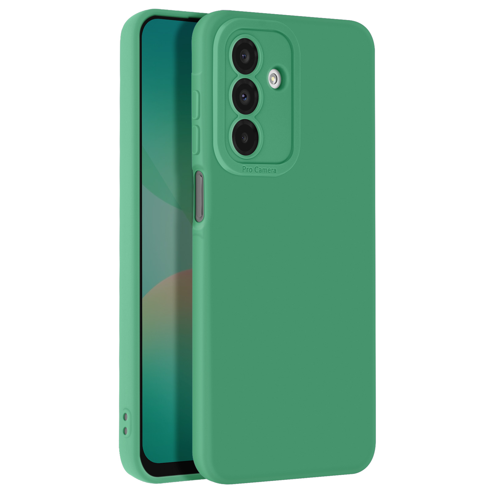 Custodia per telefono verde con protuberanza della fotocamera, su sfondo bianco.