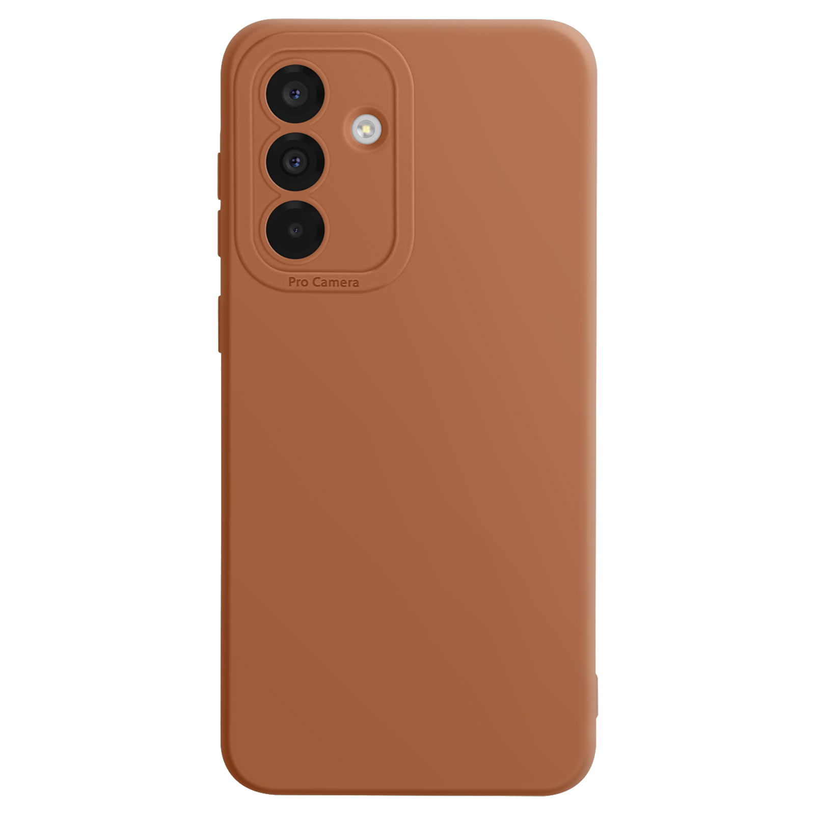 Een bruine telefoonhoes met drie cameralenzen en de woorden Pro Camera. Bruin van kleur.