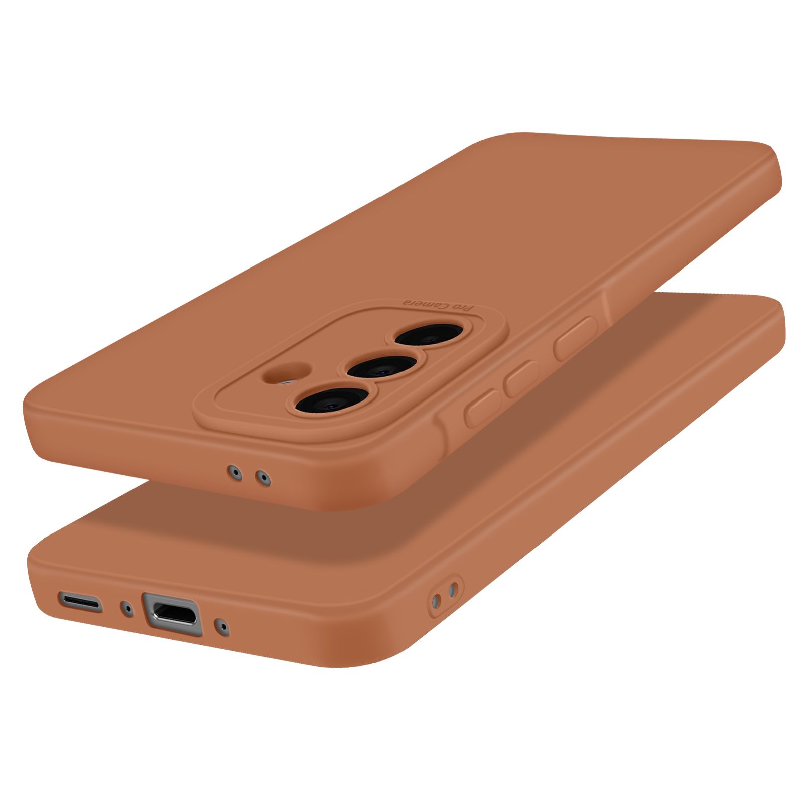 Twee telefoonhoesjes, bruine kleur, met camera gaten en zijknoppen.