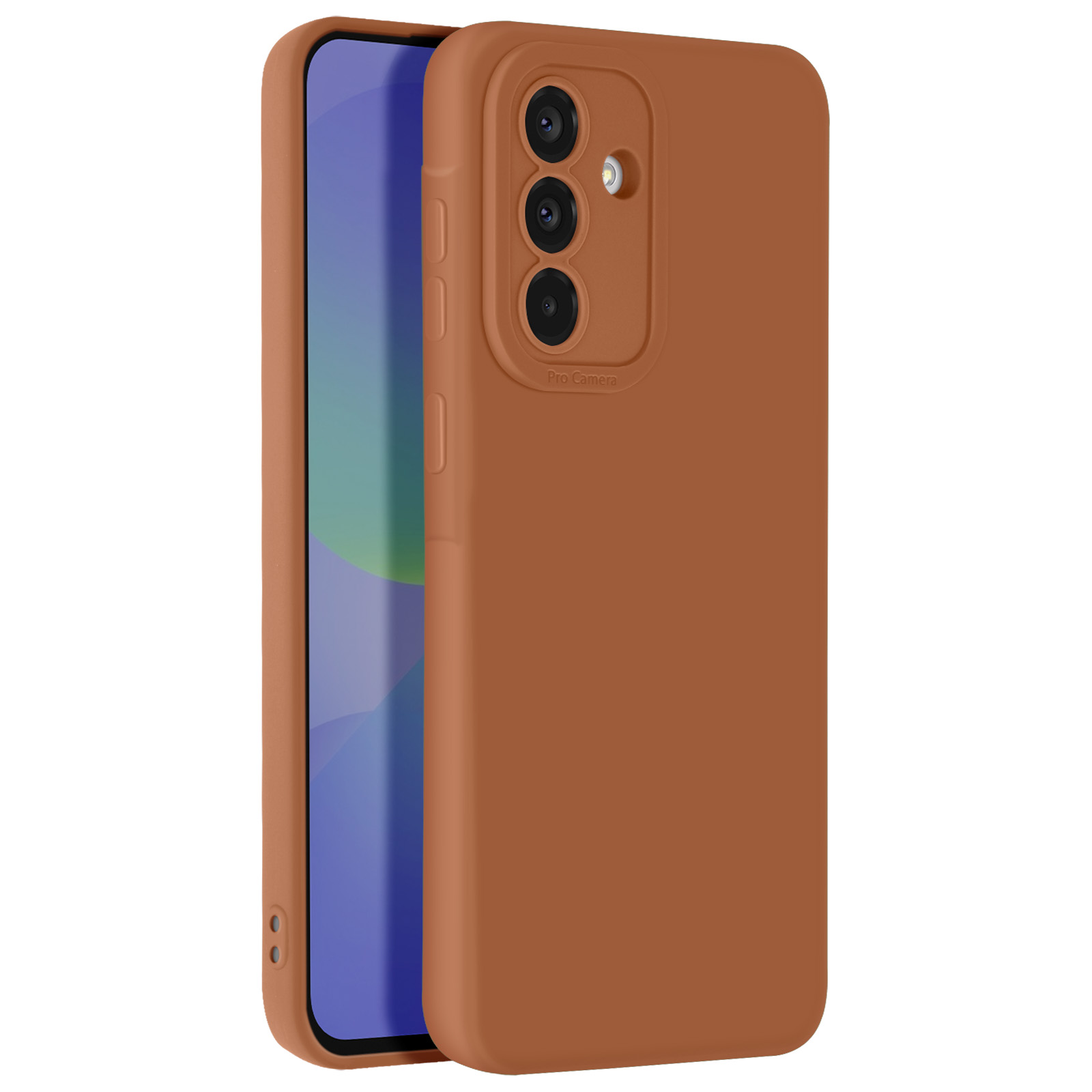 Bruine telefoonhoes op een telefoon. Drie camera's aan de achterkant, met een blauw scherm.