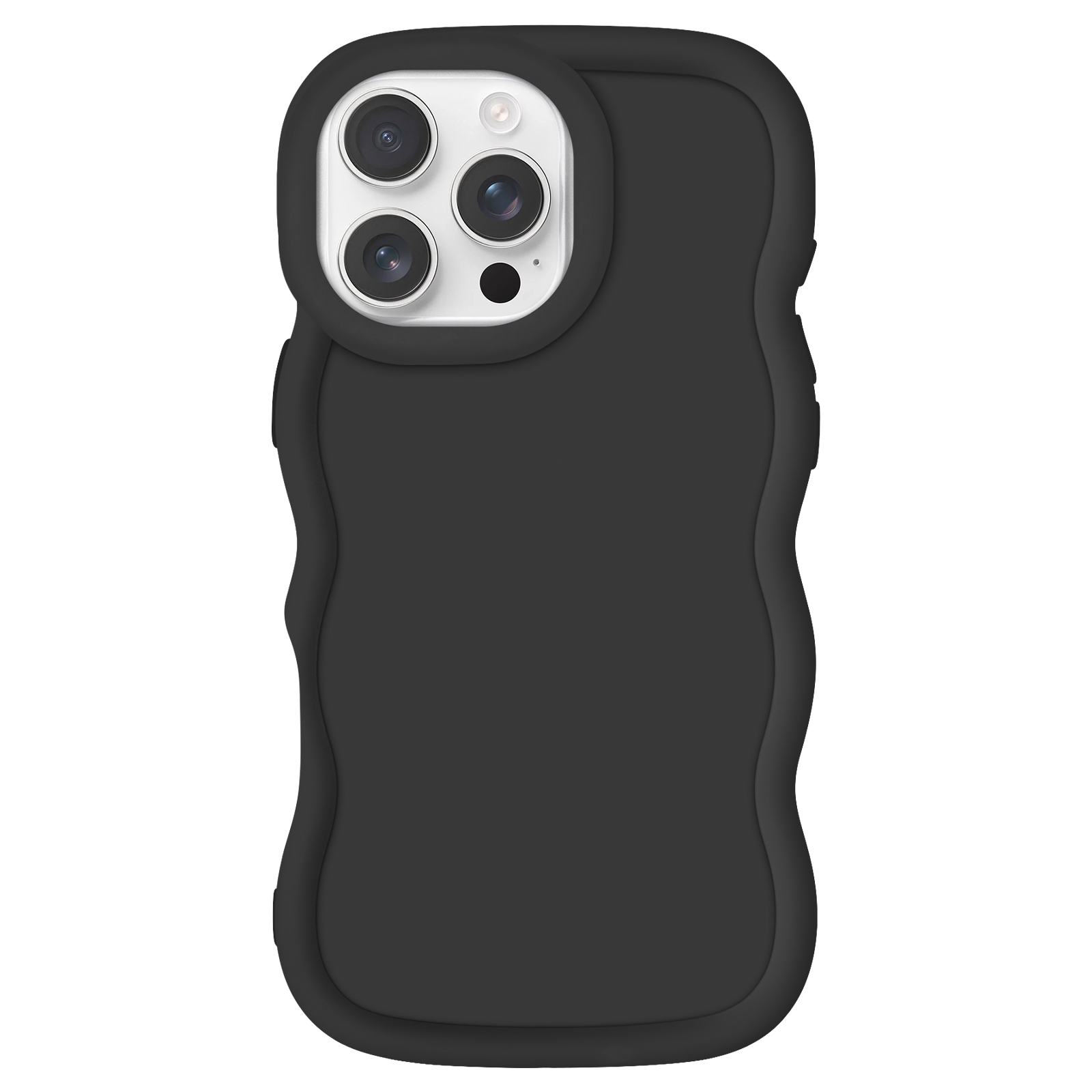 Una custodia per telefono nera con un bordo ondulato e tre obiettivi della fotocamera. La custodia copre il retro di un telefono.