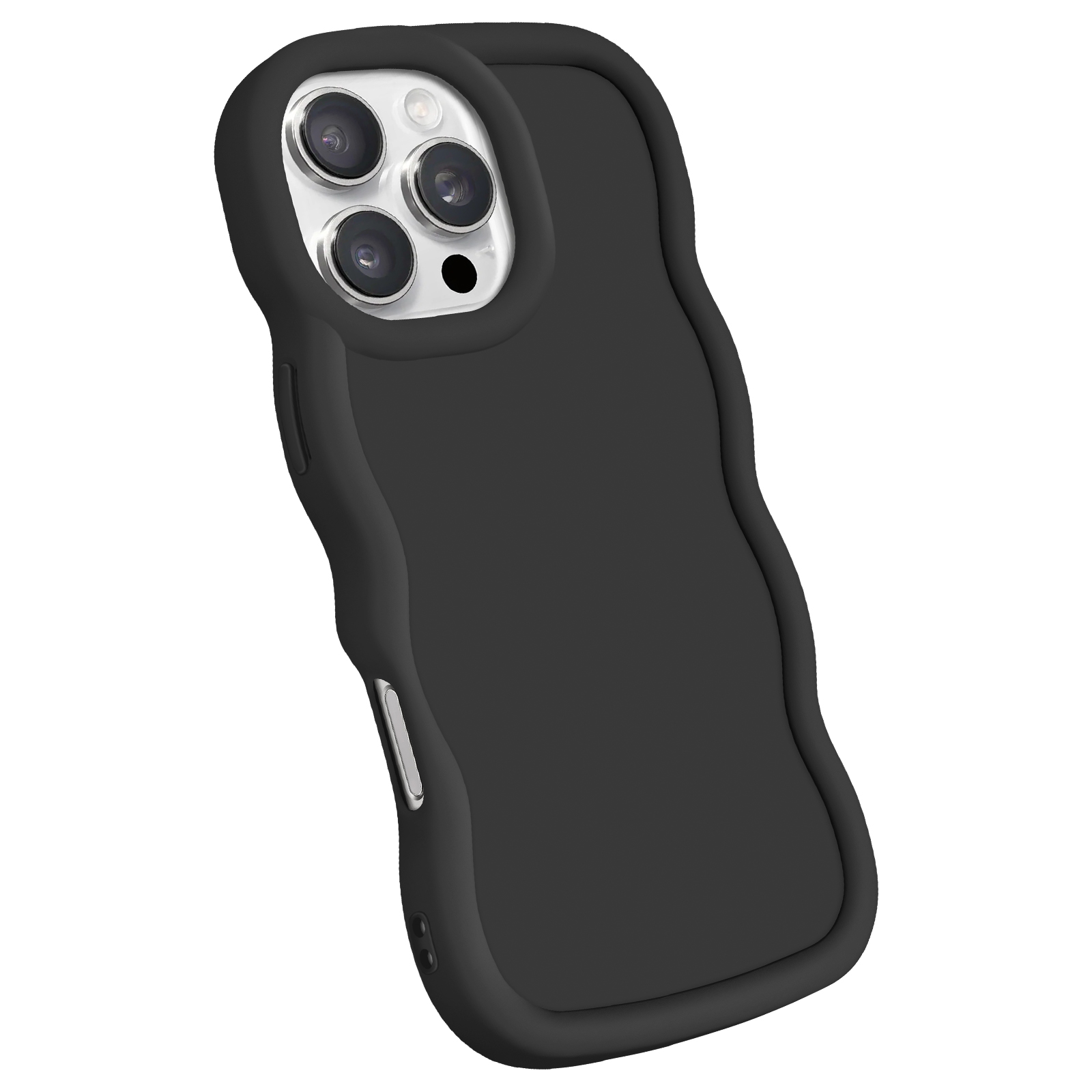 Una custodia per telefono nera con un design ondulato e tre obiettivi della fotocamera. Primo piano, sfondo bianco.