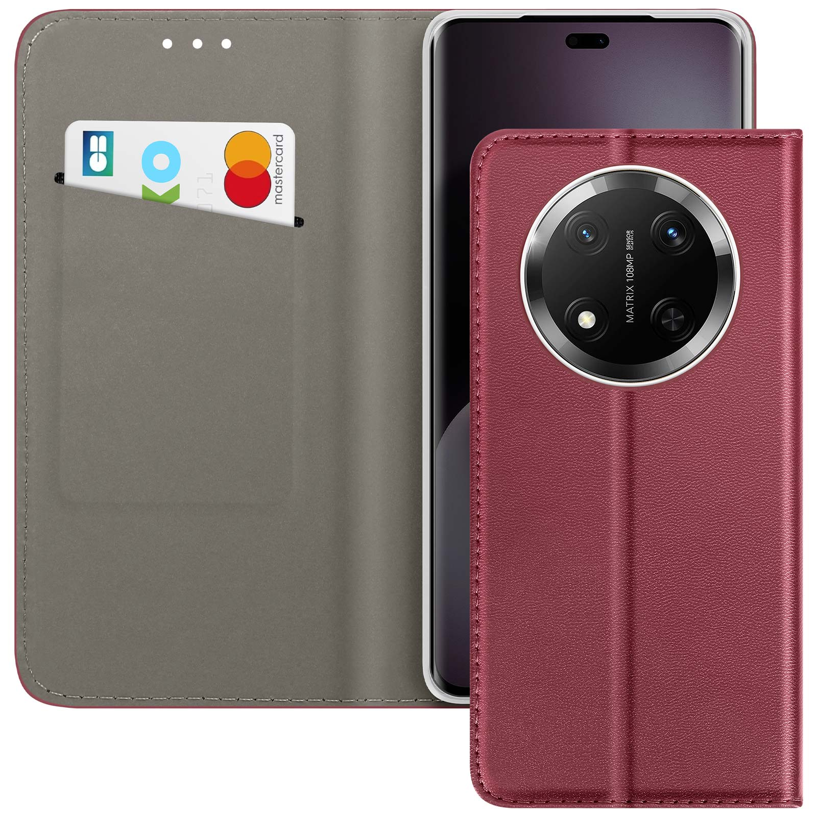 Burgunderfarbene Handyhülle mit Kreditkarten innen. Das Telefon hat eine Kamera. Die Hülle bedeckt das Telefon.