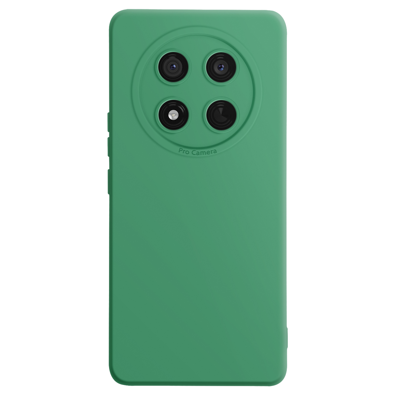Custodia verde per telefono, con un modulo fotocamera circolare sul retro.