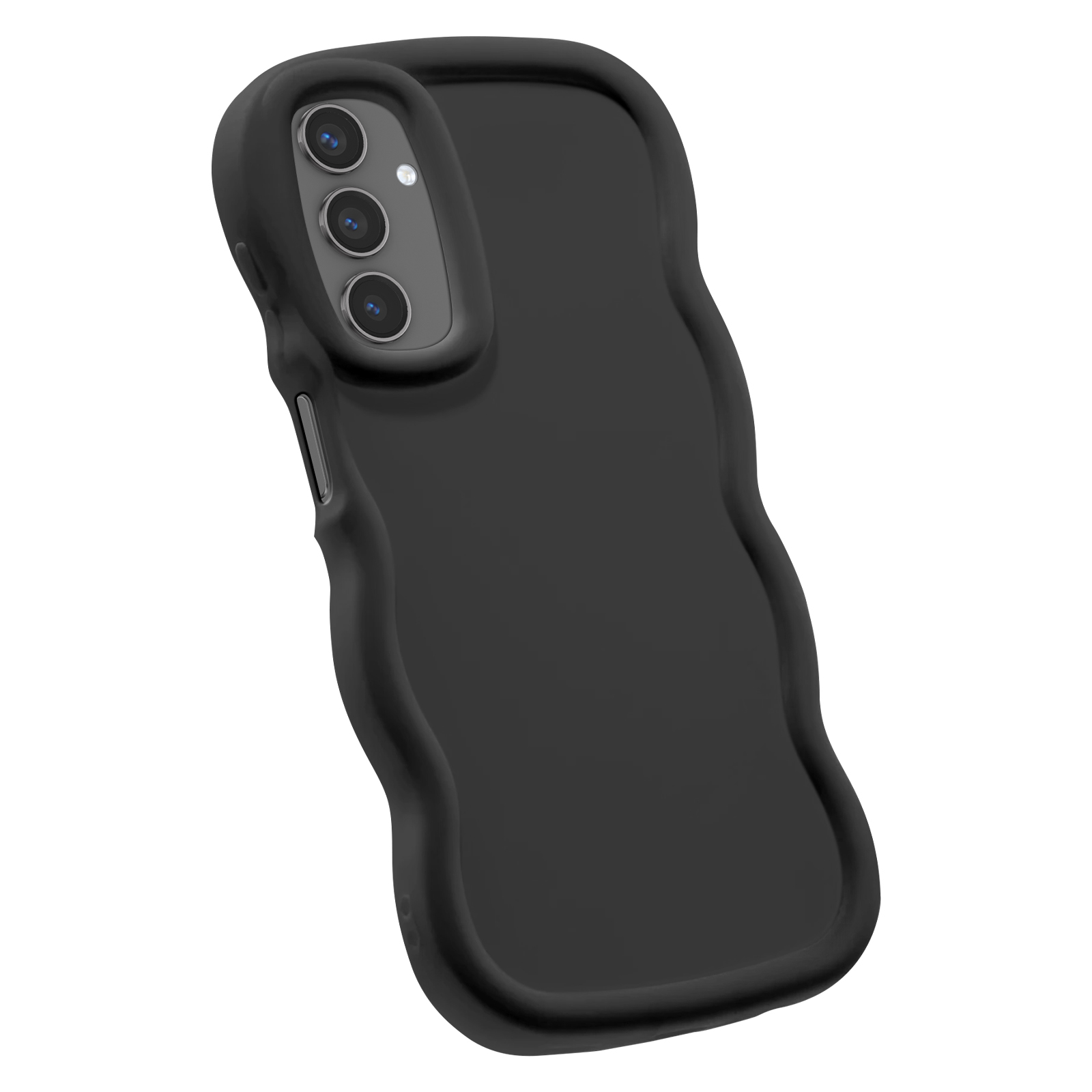 Custodia per telefono nera con bordi ondulati e ritagli per fotocamera.