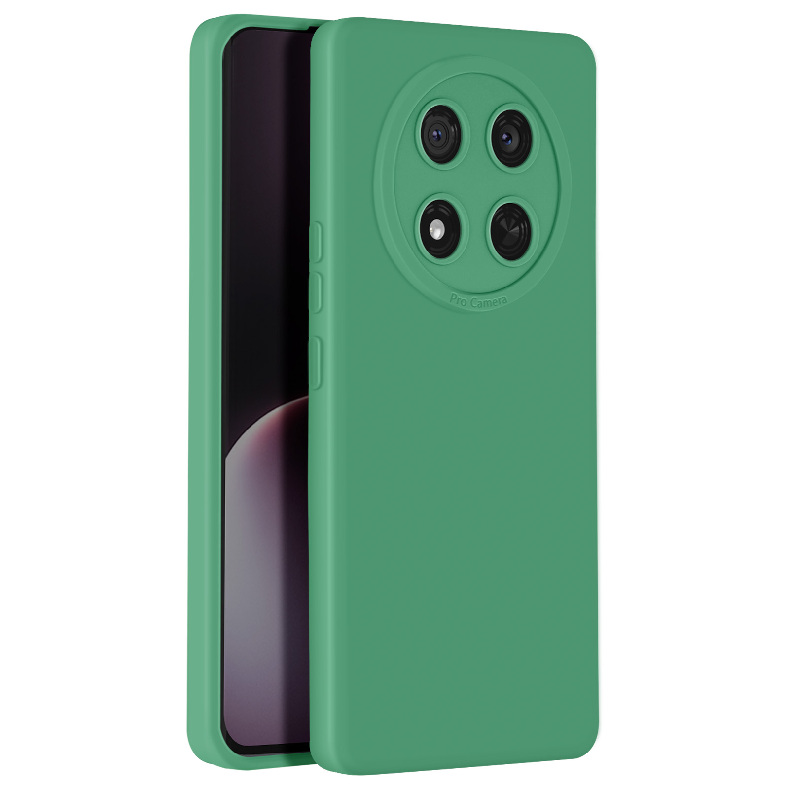Custodia verde per telefono con un grande modulo fotocamera sul retro. La custodia è semplice e copre il telefono.
