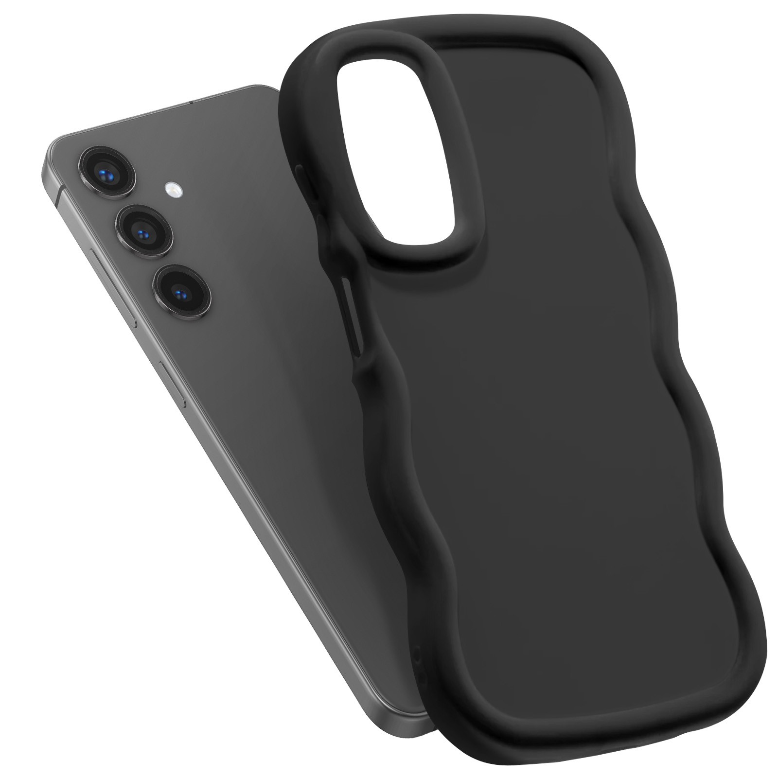 Una custodia nera accanto a uno smartphone grigio, che mostra le fotocamere del telefono.
