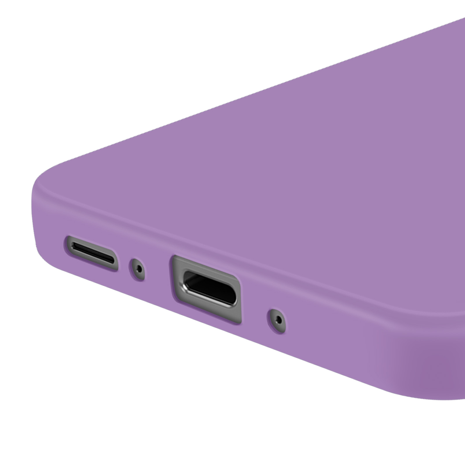 Primo piano della porta di ricarica e della parte inferiore di un telefono viola. Mostra le porte.