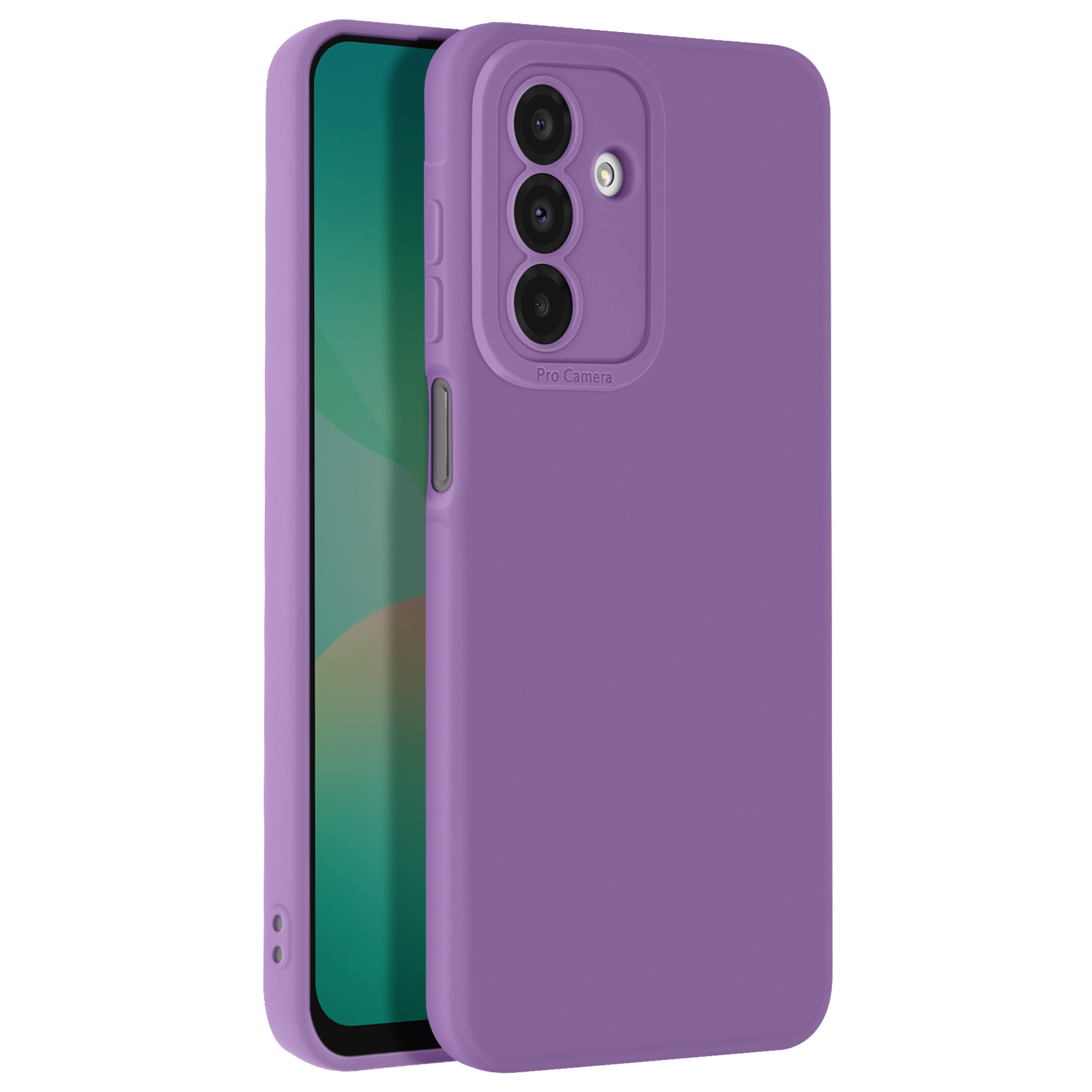 Custodia viola per telefono con rilievo per fotocamera. Il telefono è verde.