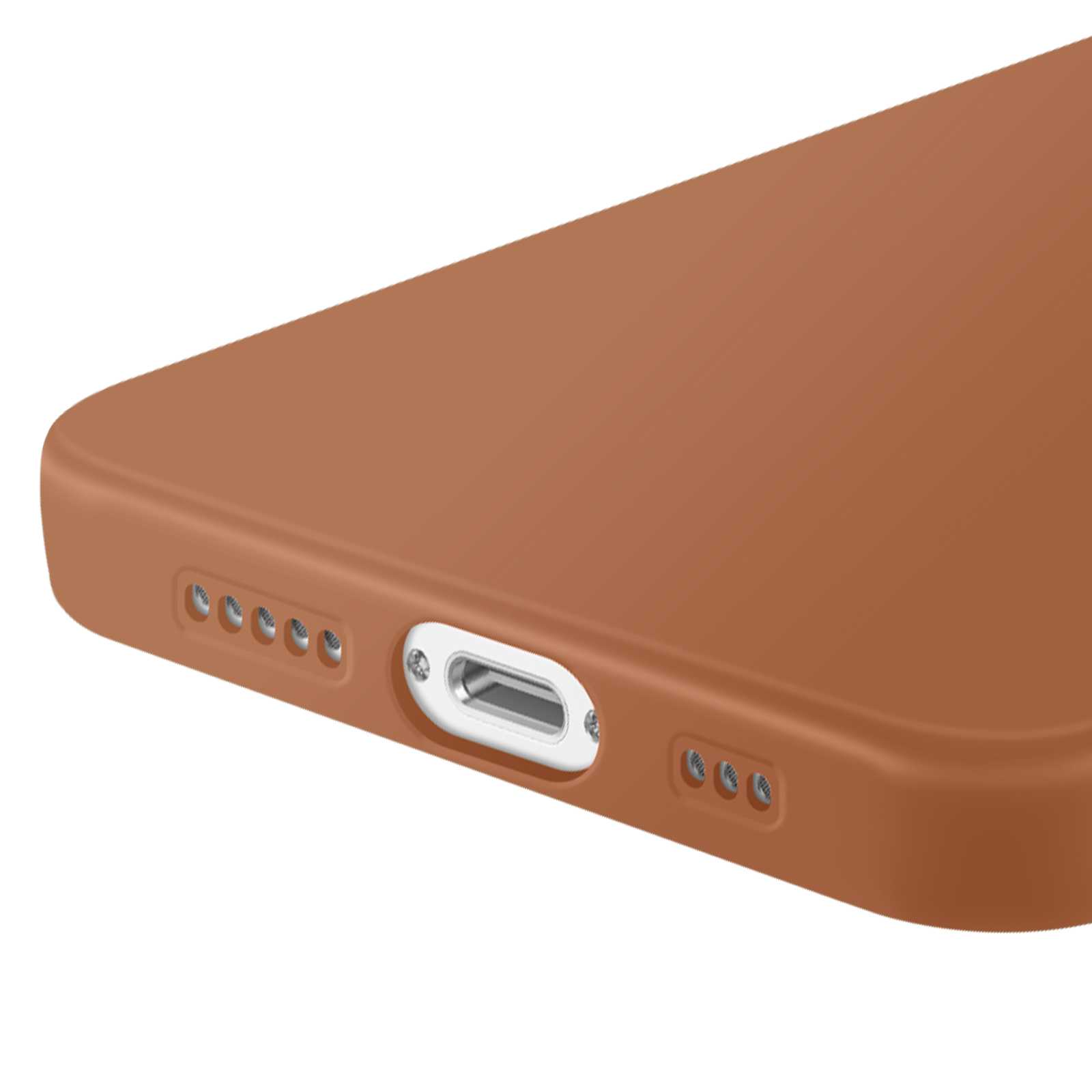Close-up van een telefoonhoesje met een bruine kleur. Er is een oplaadpoort en luidsprekergaten.