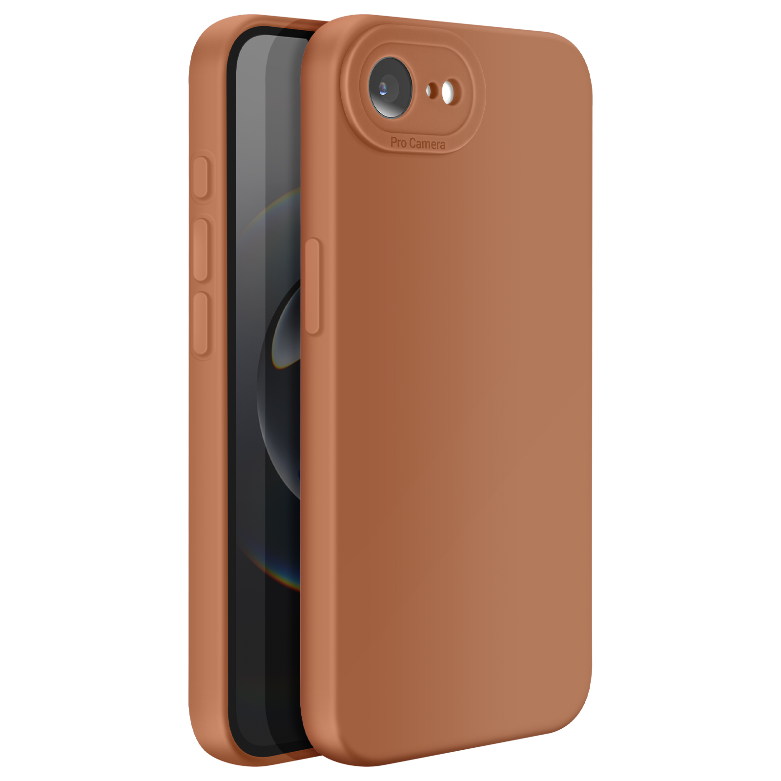 Een oranje telefoonhoesje met een zichtbare telefoon, met de camera en zijknoppen.
