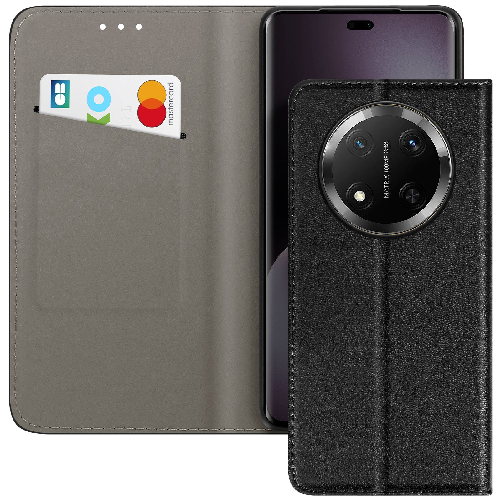 Un telefono nero in una custodia a portafoglio nera con una Mastercard e una carta KO visibili.