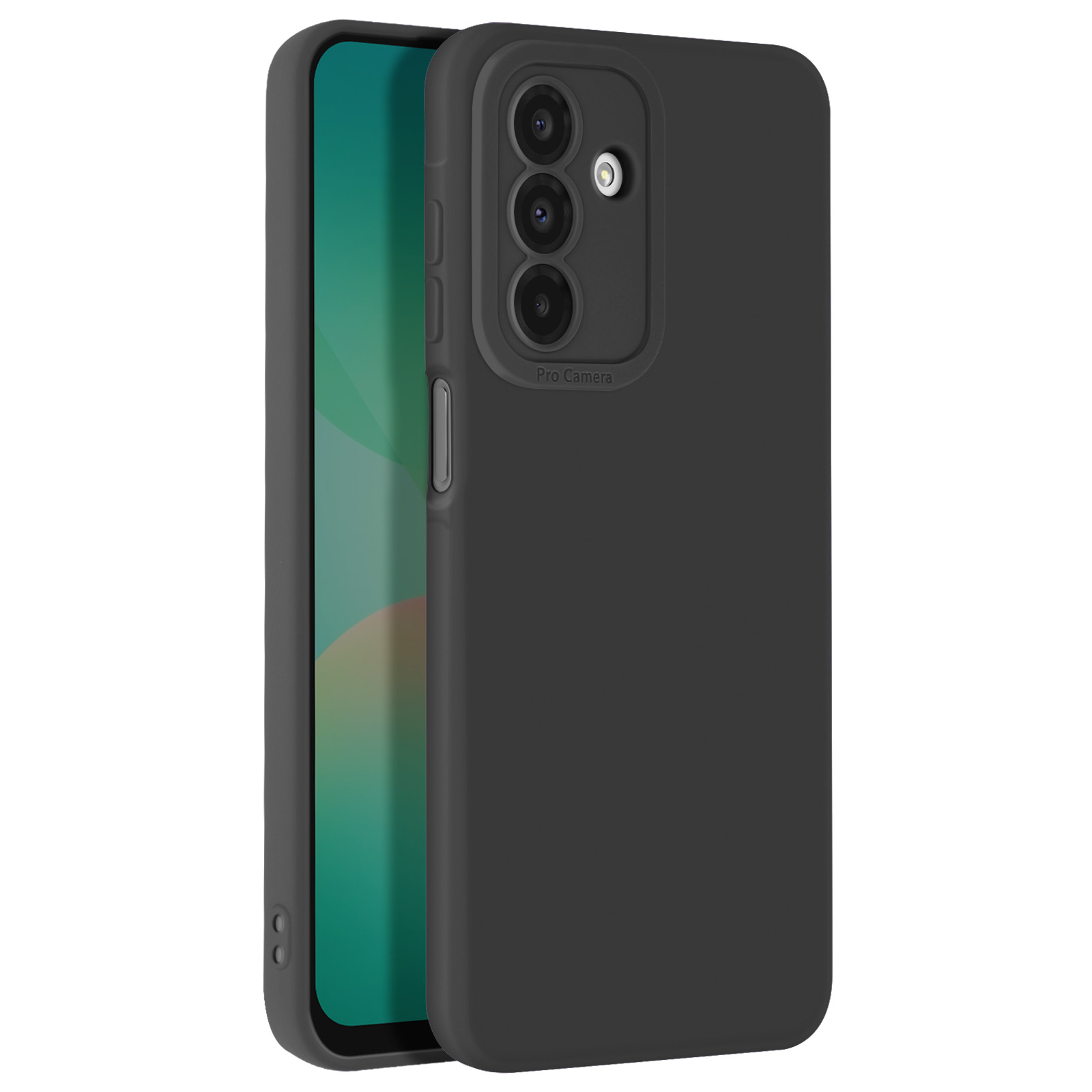 Custodia per telefono nera. La custodia ha tre ritagli per la fotocamera e un ritaglio per il pulsante laterale. Il telefono è scuro.