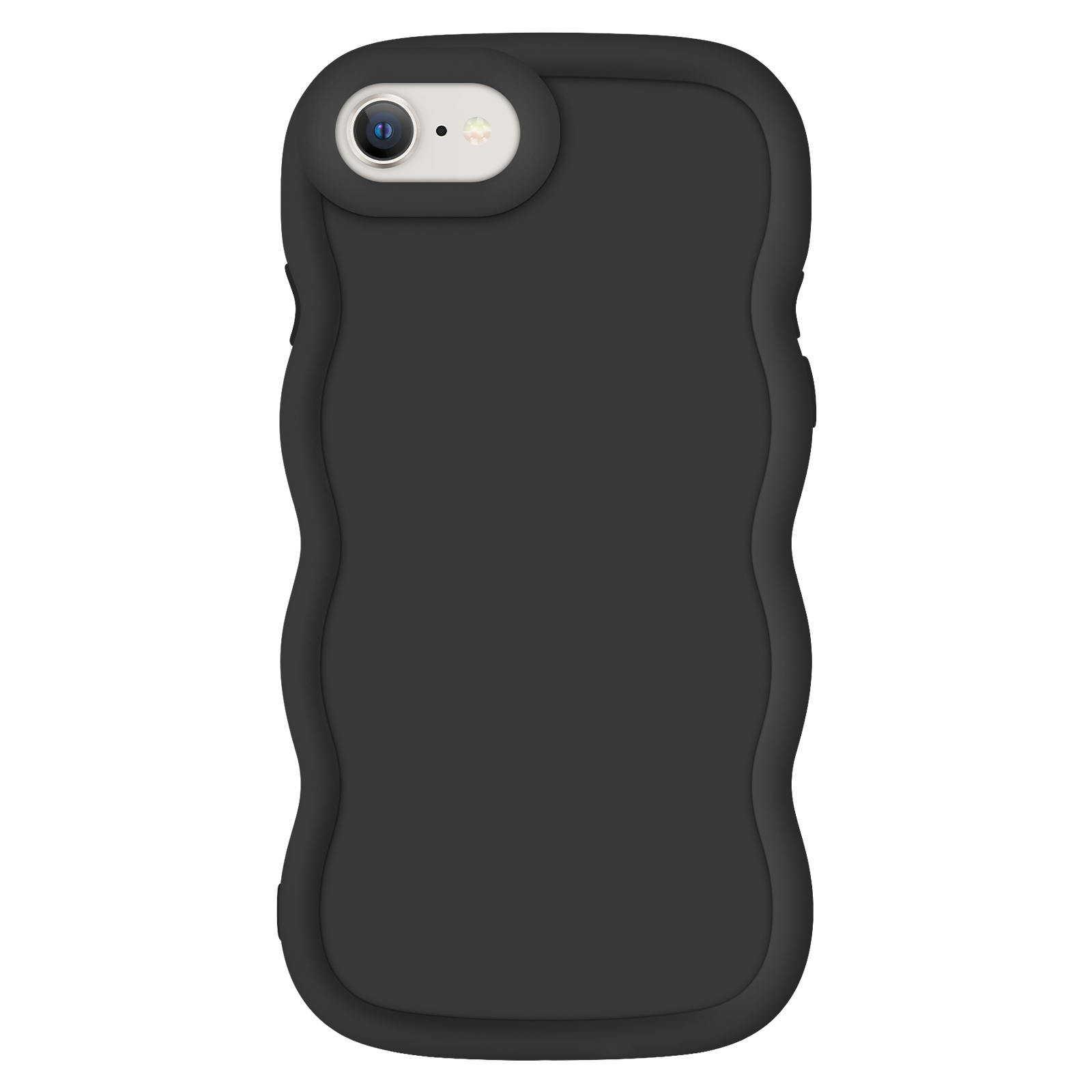 Coque de téléphone noire avec un design ondulé et une seule caméra arrière.