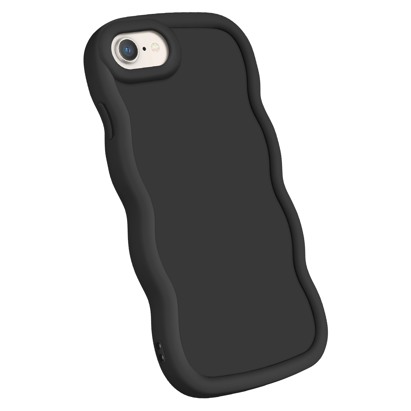 Coque de téléphone noire. Elle a un design ondulé sur les bords. L'objectif de la caméra est visible en haut.