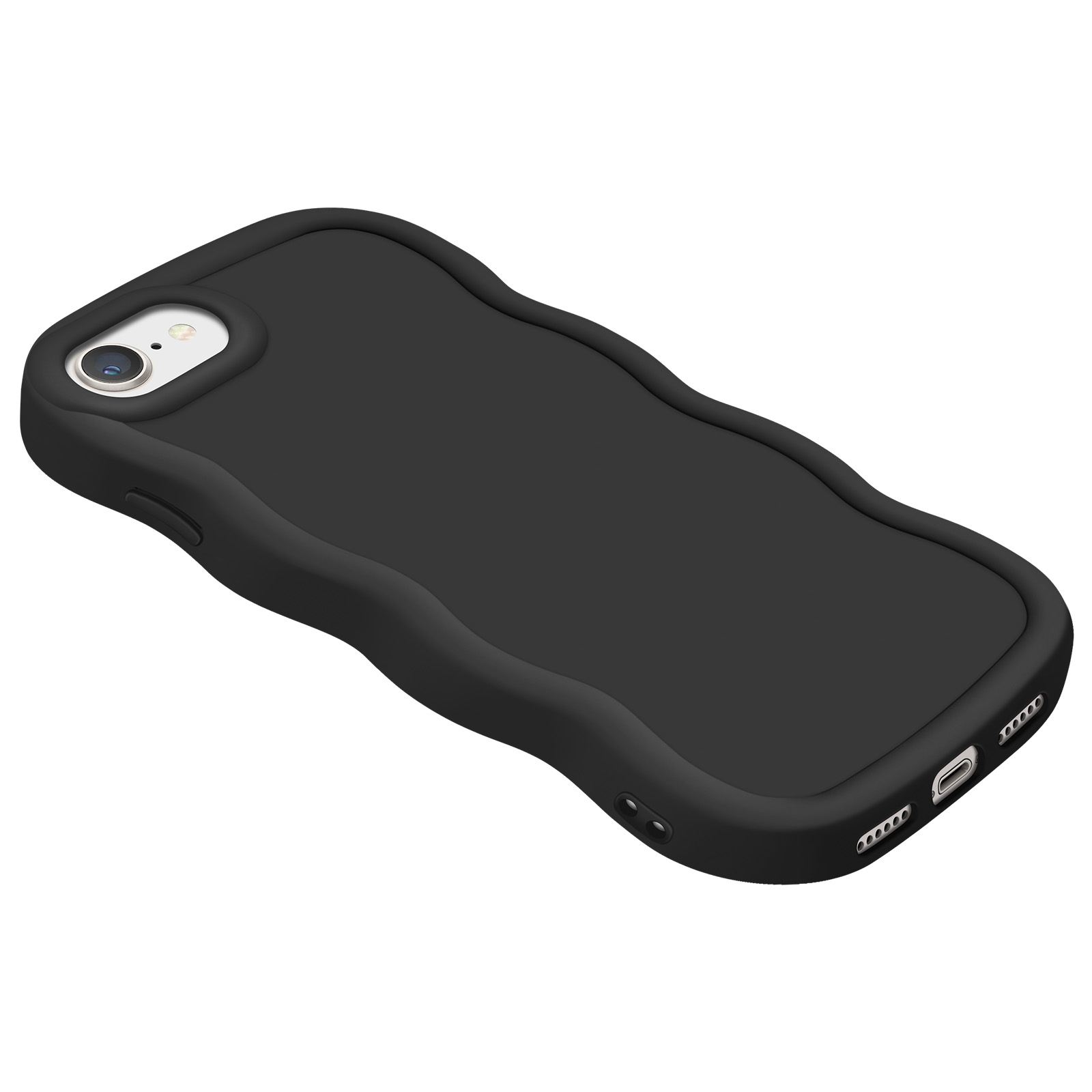 Une coque de téléphone noire avec un design ondulé, un objectif d'appareil photo blanc et des boutons.
