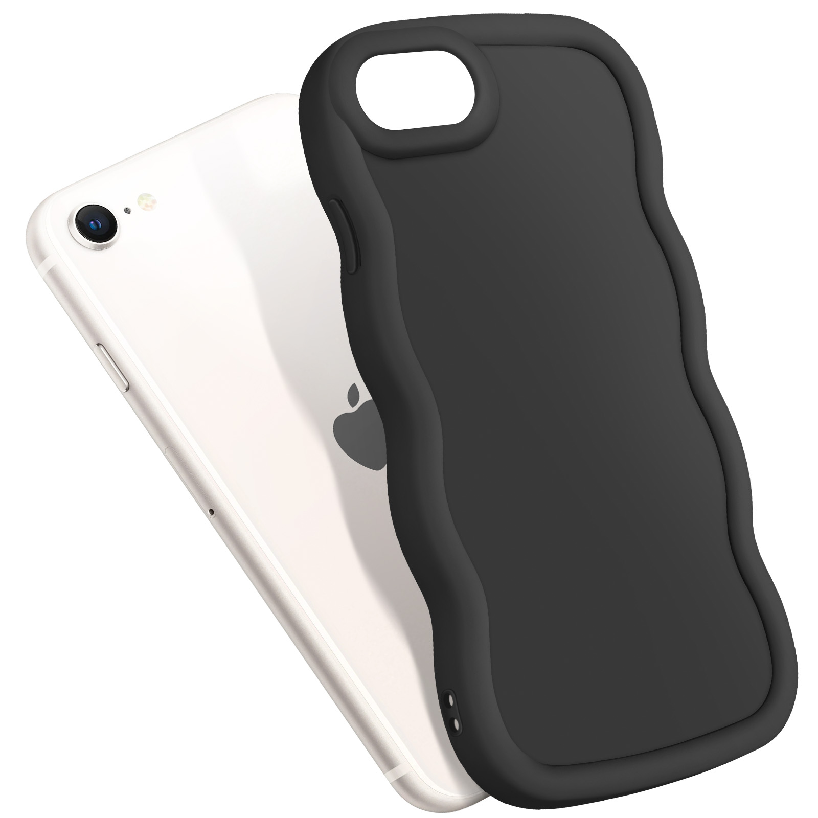 Une coque noire sur un téléphone blanc avec une caméra. La coque a une forme abstraite.