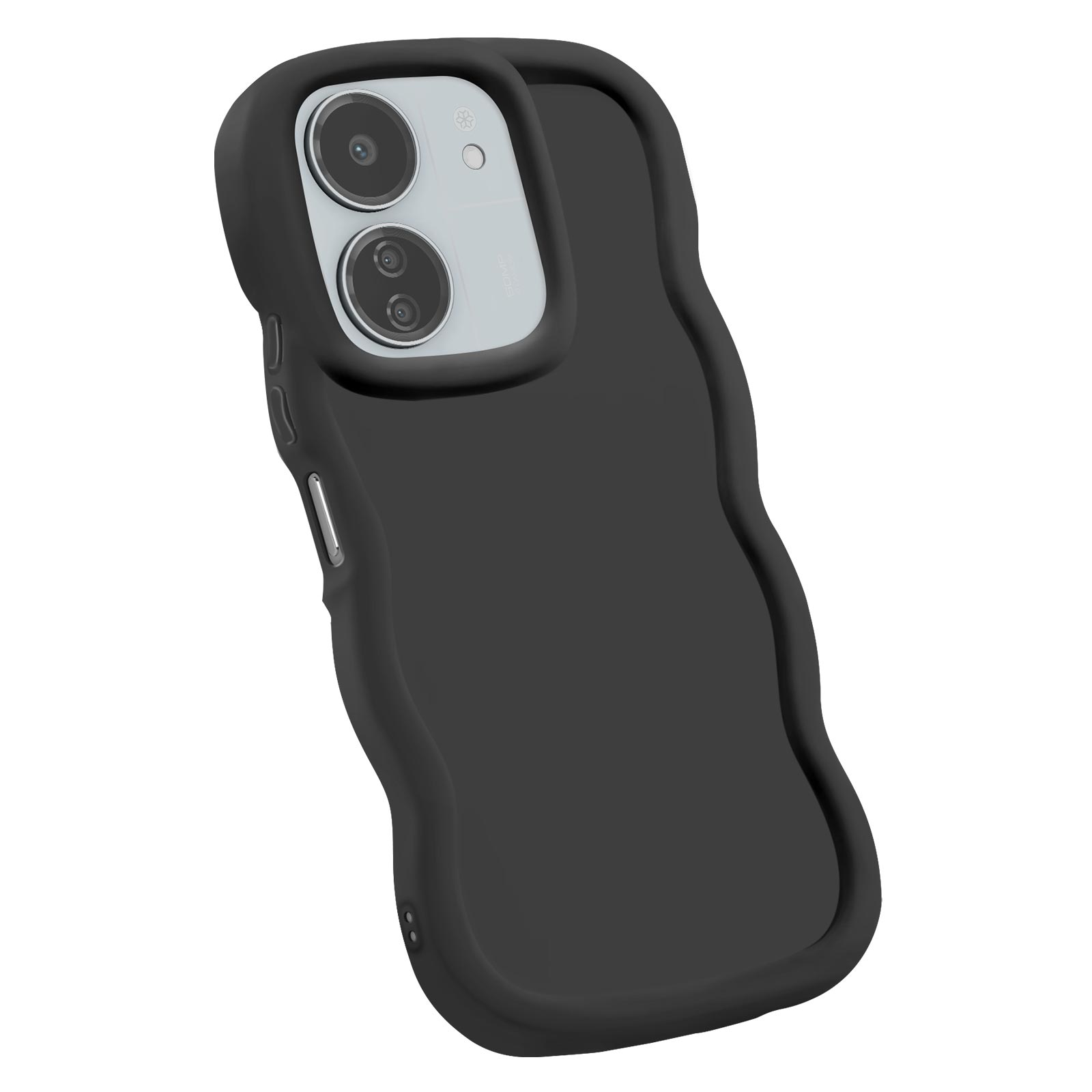 Custodia nera per telefono con un design ondulato. La custodia ha due ritagli per la fotocamera.