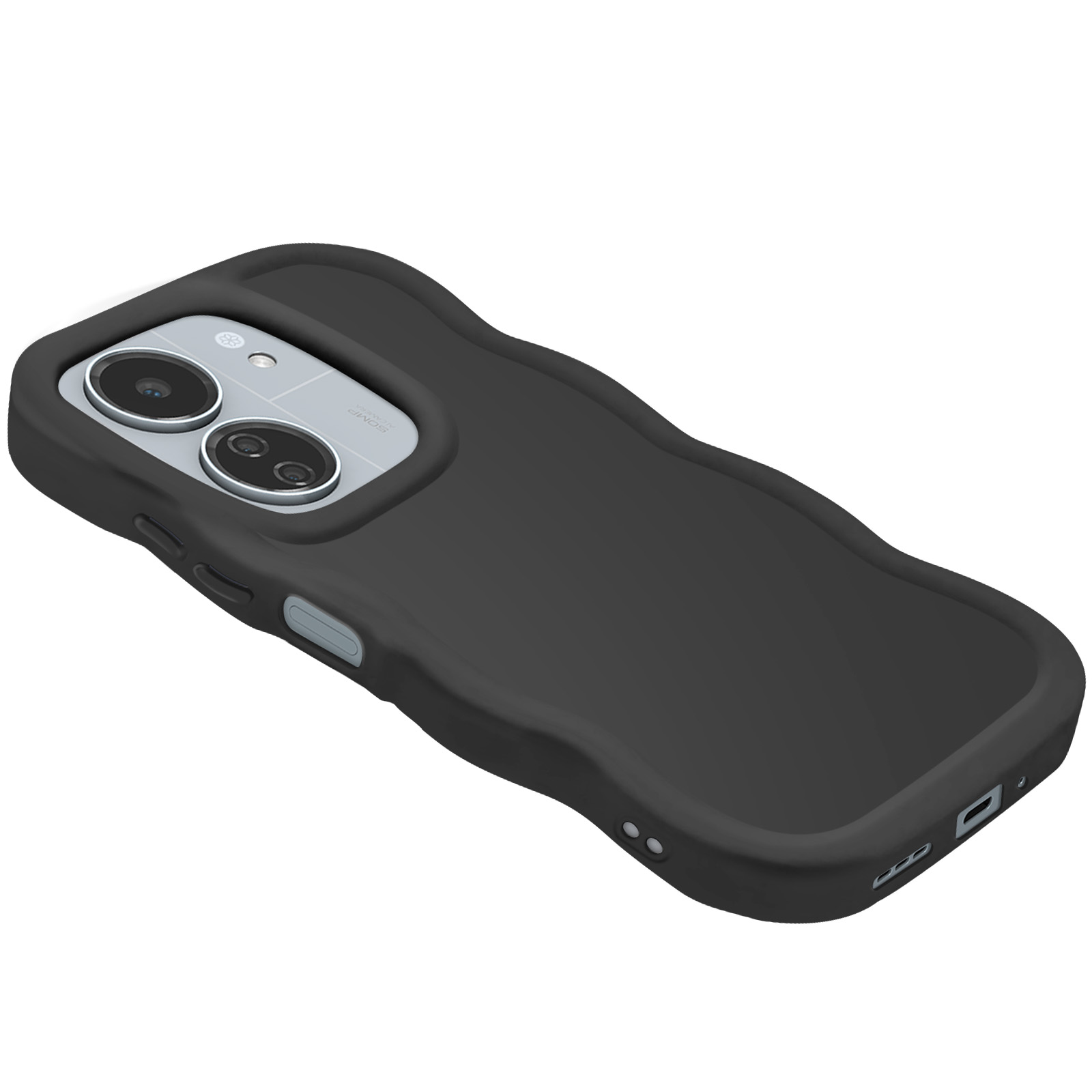 Custodia nera per telefono con bordo ondulato, ritagli per fotocamera e pulsanti.