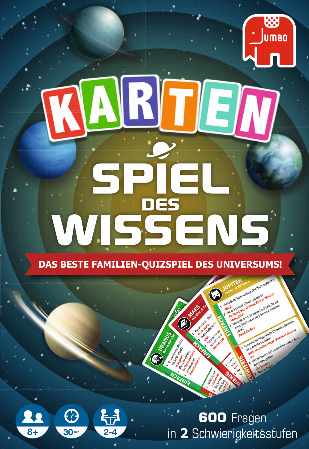 Eine Kartenspielbox mit Planeten und Text auf Deutsch. Enthält Spielkarten mit Fragen.