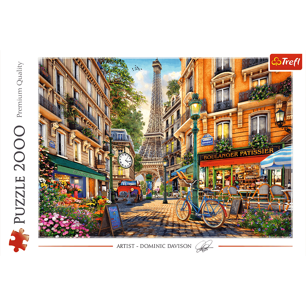 Puzzle scena parigina con Torre Eiffel, edifici, caffè e bicicletta. Marchio Trefl.