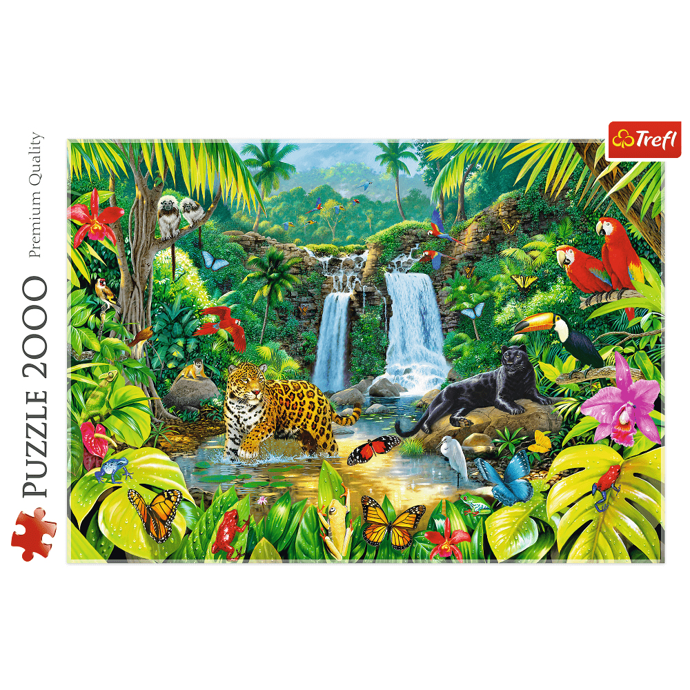 Rompecabezas de la jungla con cascada, jaguar, pantera negra, loros, monos y mariposas.