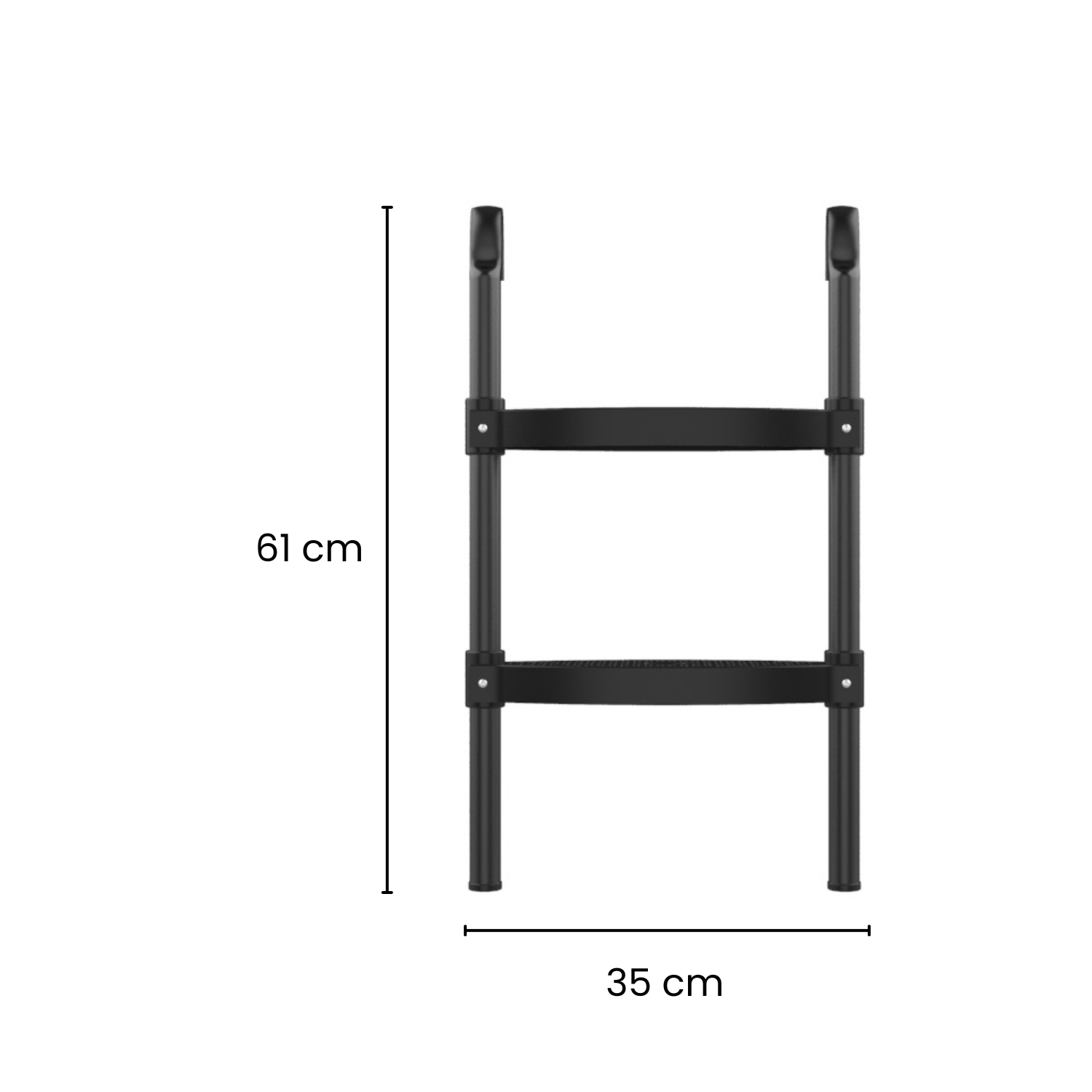 Een zwarte ladder met twee treden. De ladder is 61 cm hoog en 35 cm breed.