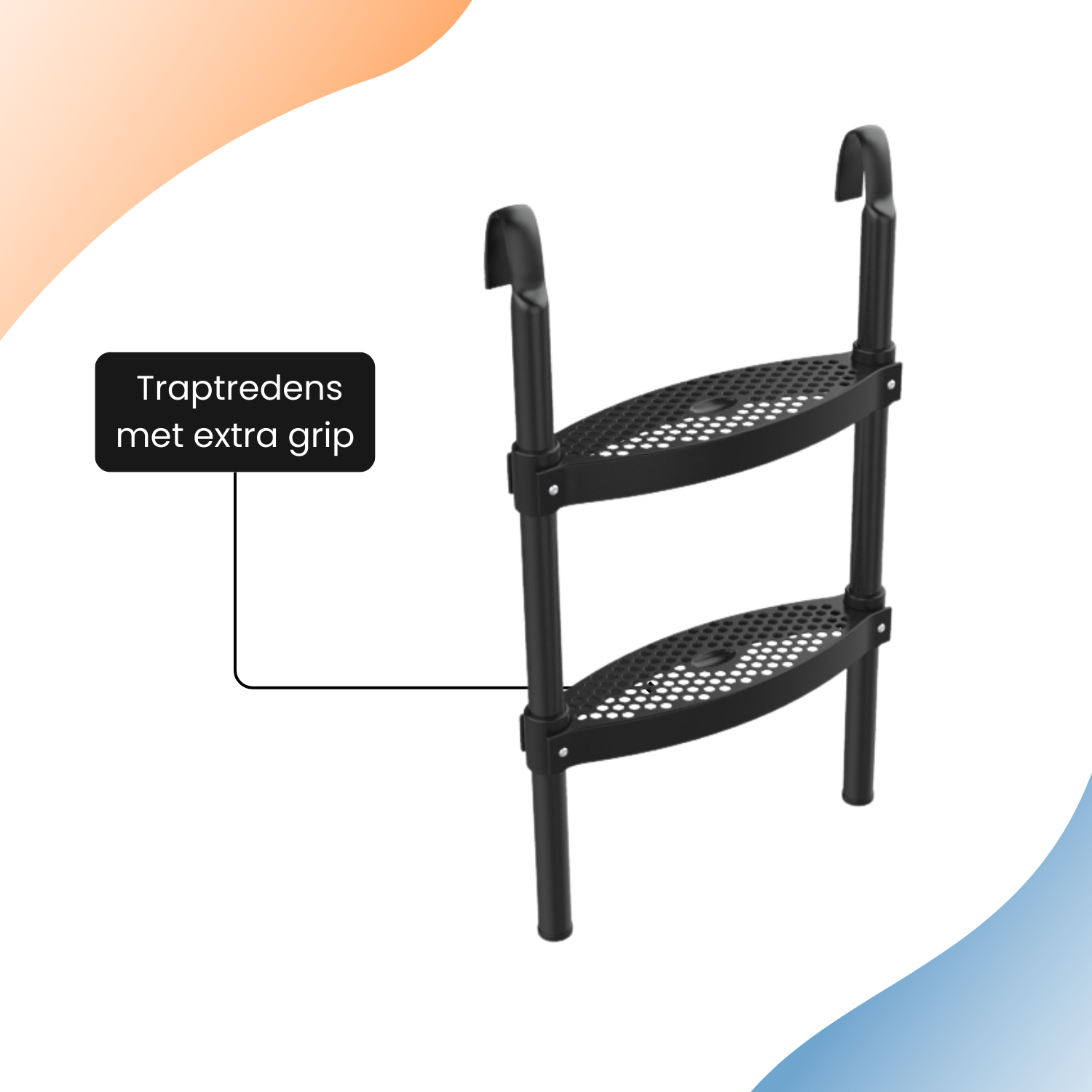 Zwarte ladder met twee treden en haken bovenop. Tekst: 'Traptredens met extra grip'.