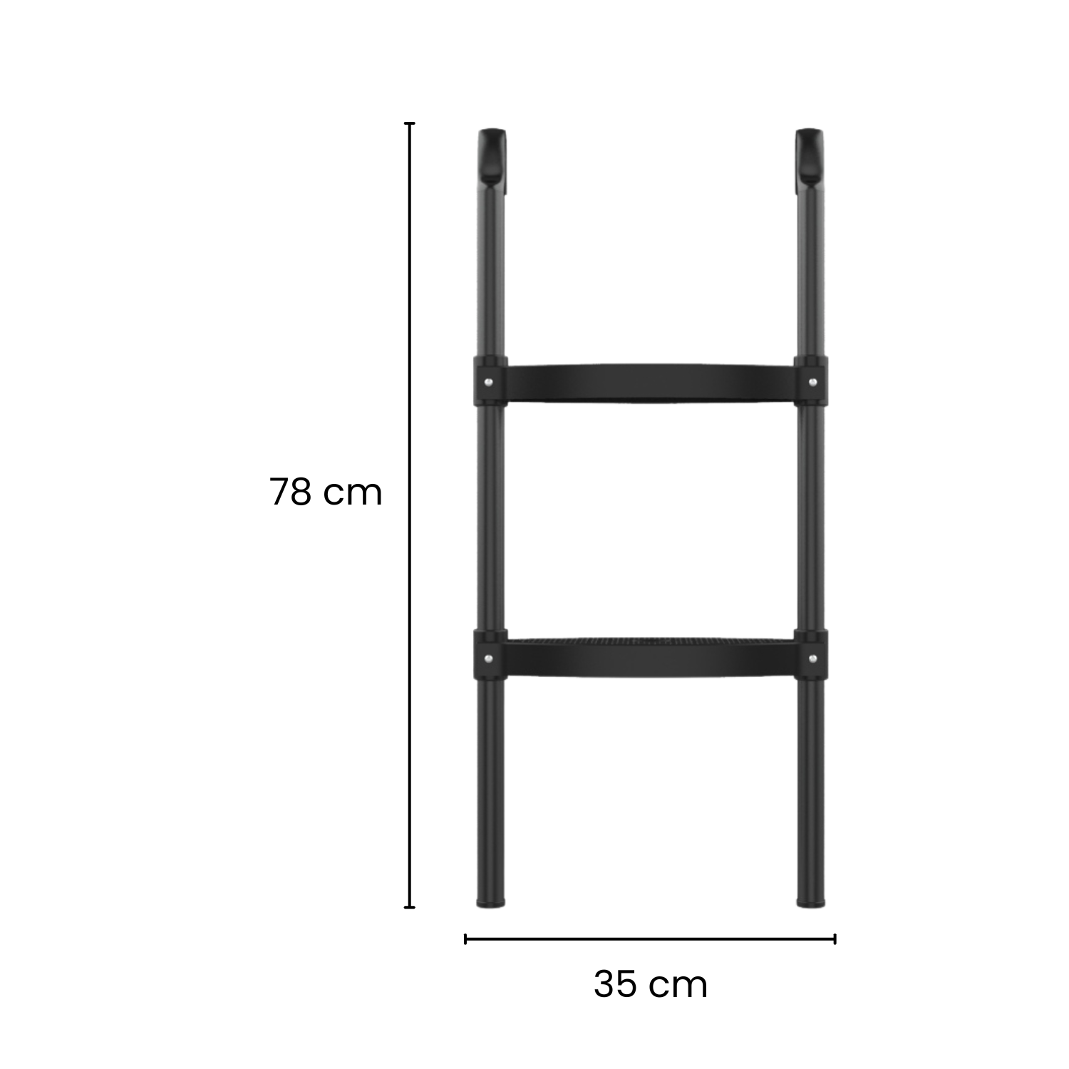 Een zwarte metalen ladder wordt getoond, tegen een witte achtergrond, met de afmetingen 78 cm hoog en 35 cm breed.