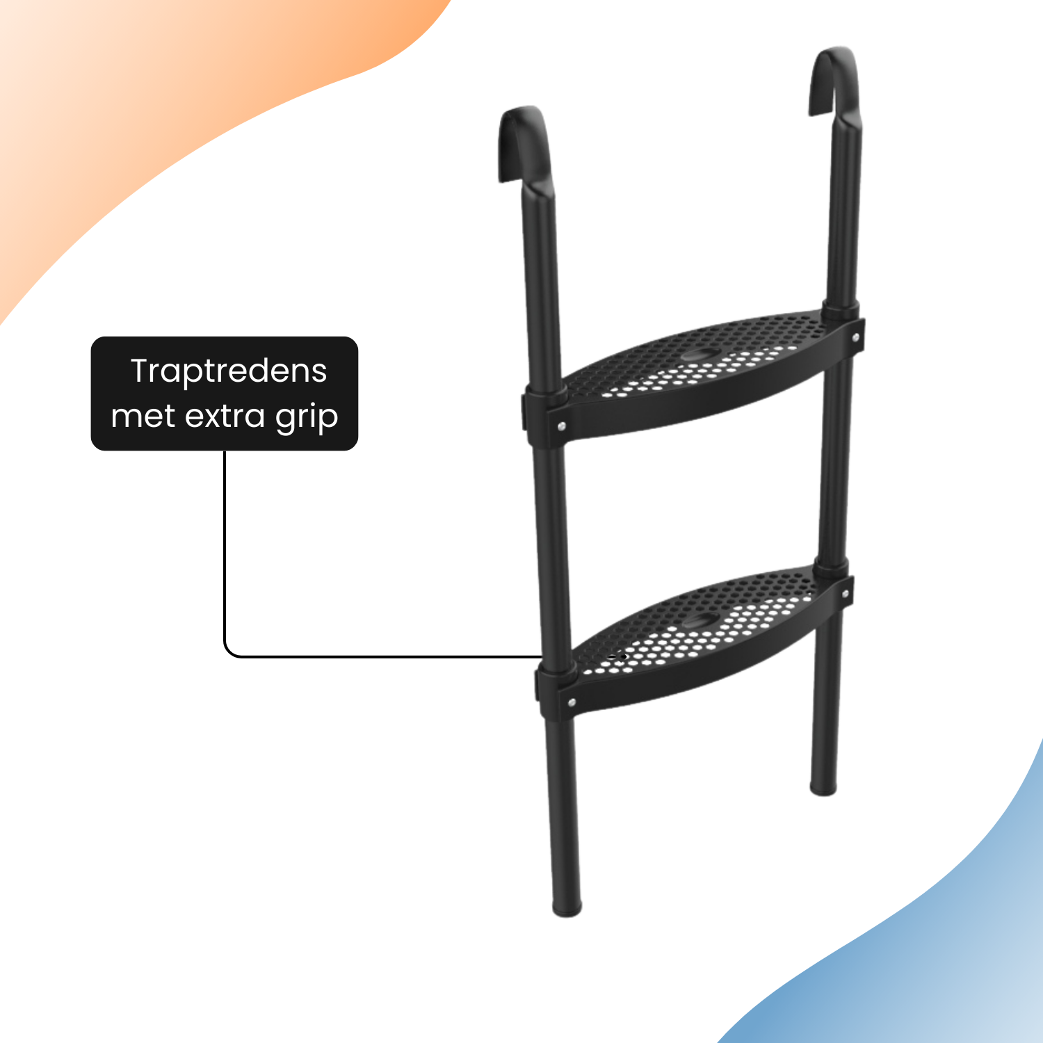 Zwarte ladder met twee treden. Tekst: Traptredens met extra grip.
