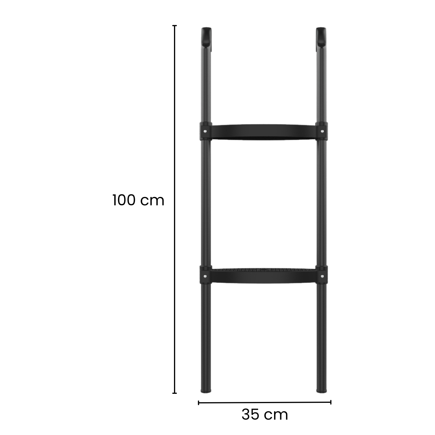 Zwarte, metalen ladder. Twee treden. 100cm hoog, 35cm breed. Witte achtergrond.
