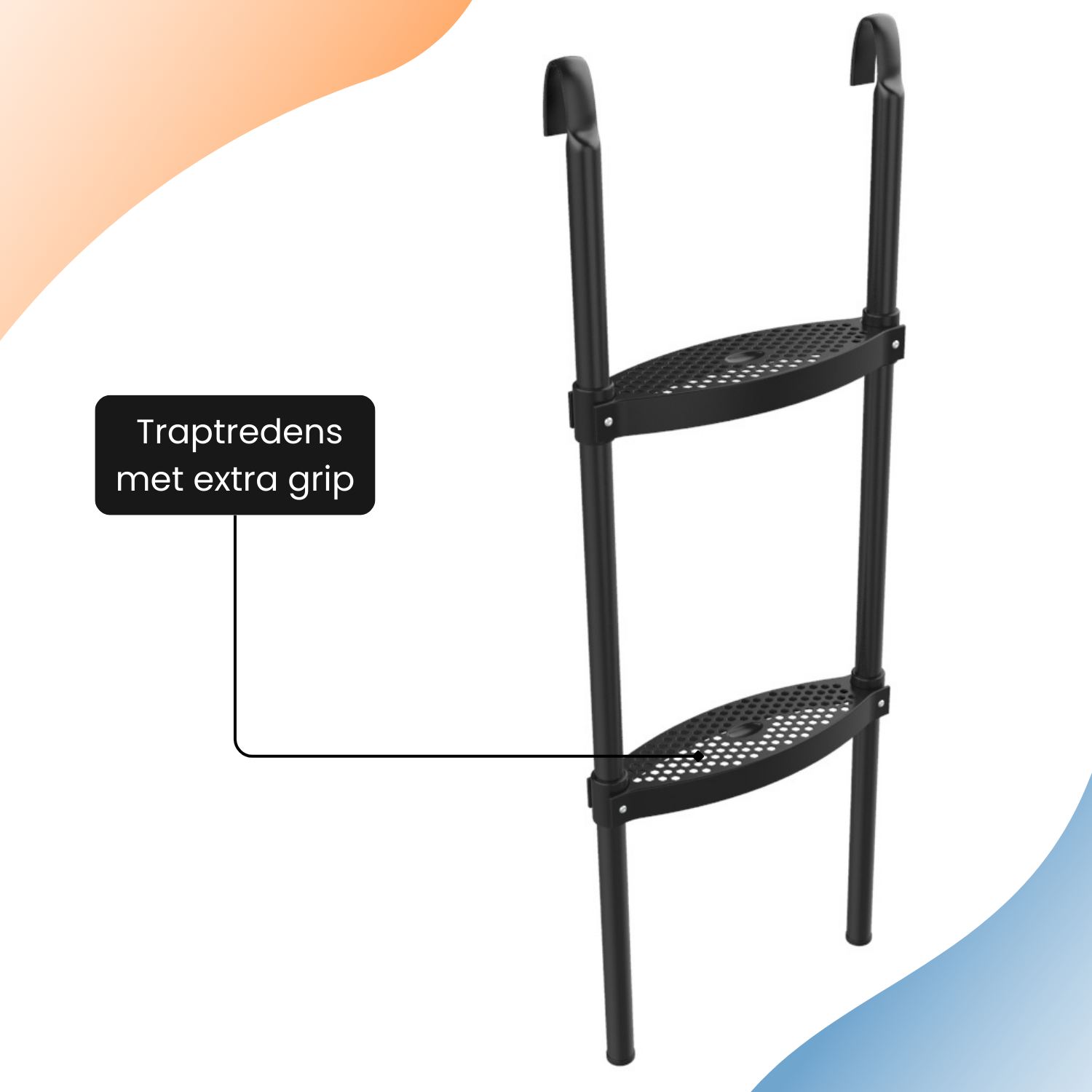 Zwarte metalen ladder met twee treden en haken. Tekst: 'Treden met extra grip'.