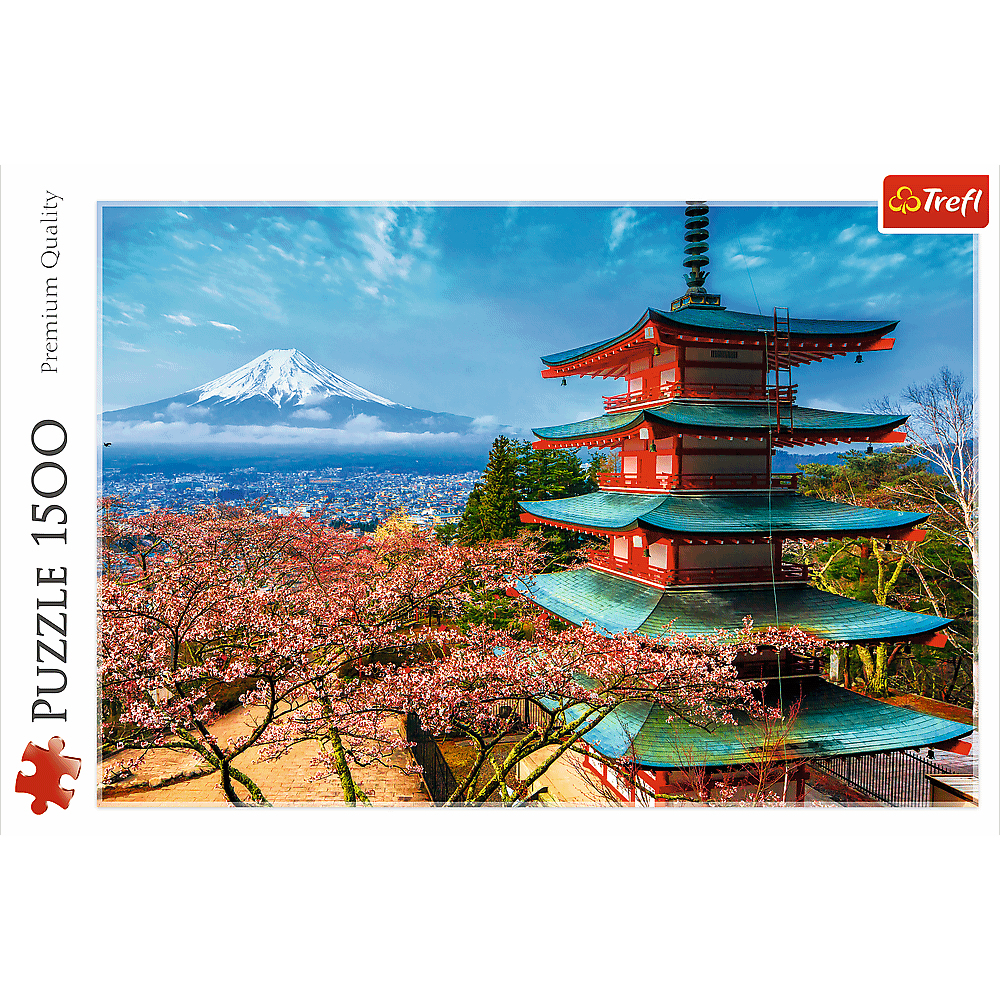 Un rompecabezas que muestra una pagoda japonesa y flores de cerezo con el monte Fuji al fondo. Cielo azul.