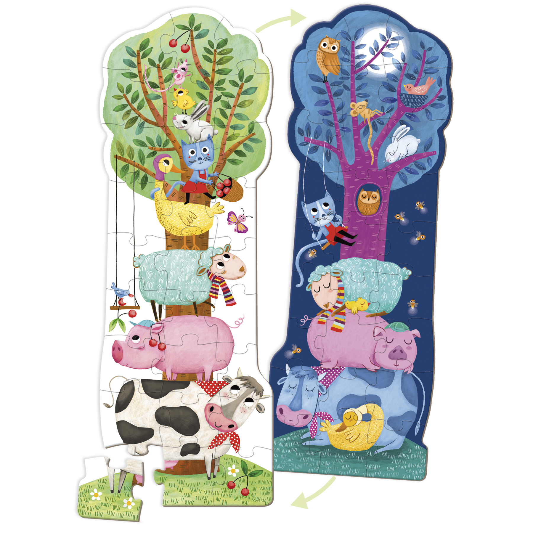 Odwracalne puzzle ze zwierzętami i drzewem. Jedna strona to dzień, druga noc.