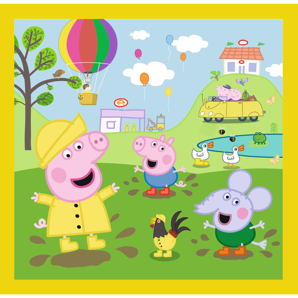 Peppa Pig characters in a cartoon scene with a yellow car, ducks, and a hot air balloon.